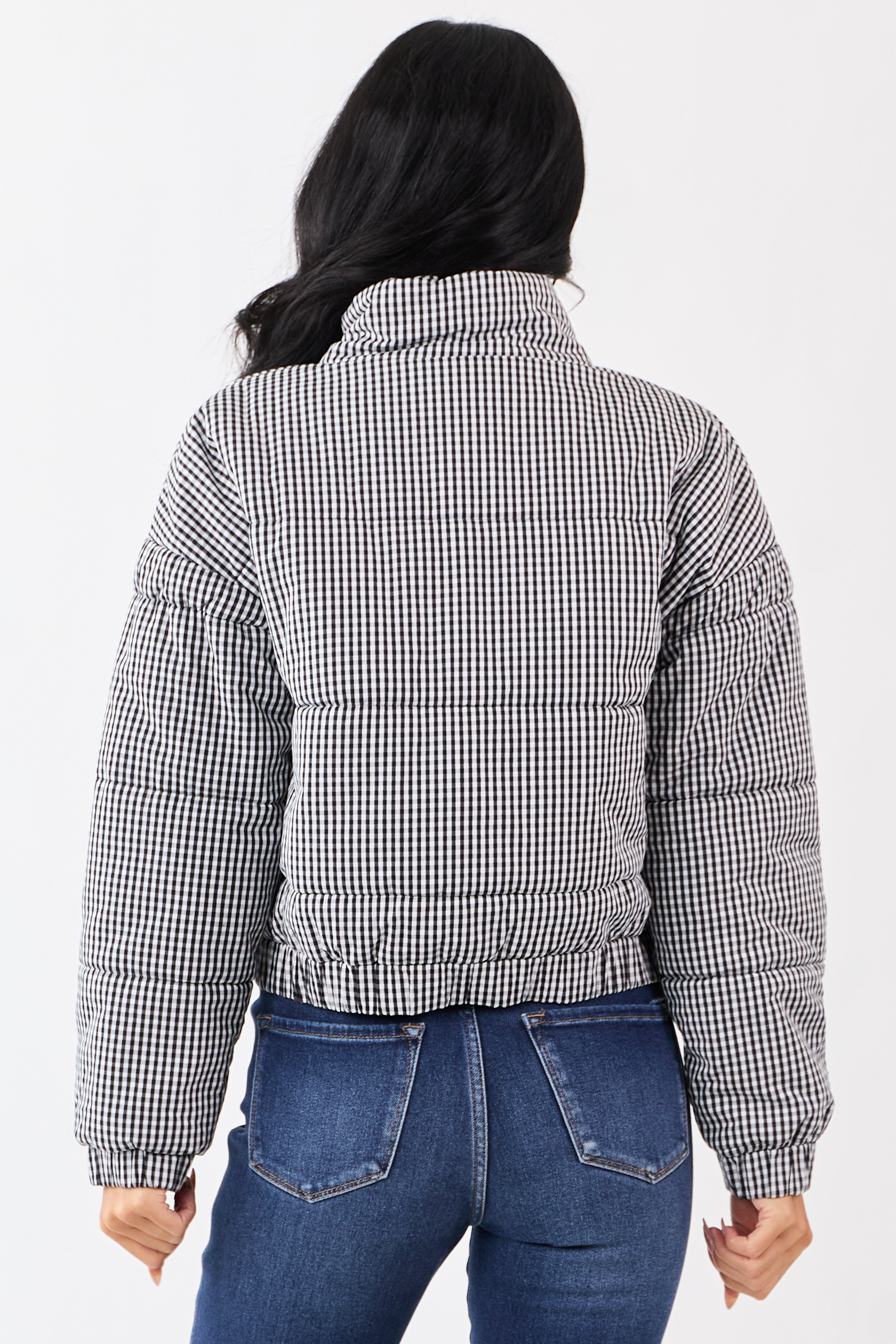 Black and White Gingham Zip Up Cotton Puffer Jacket