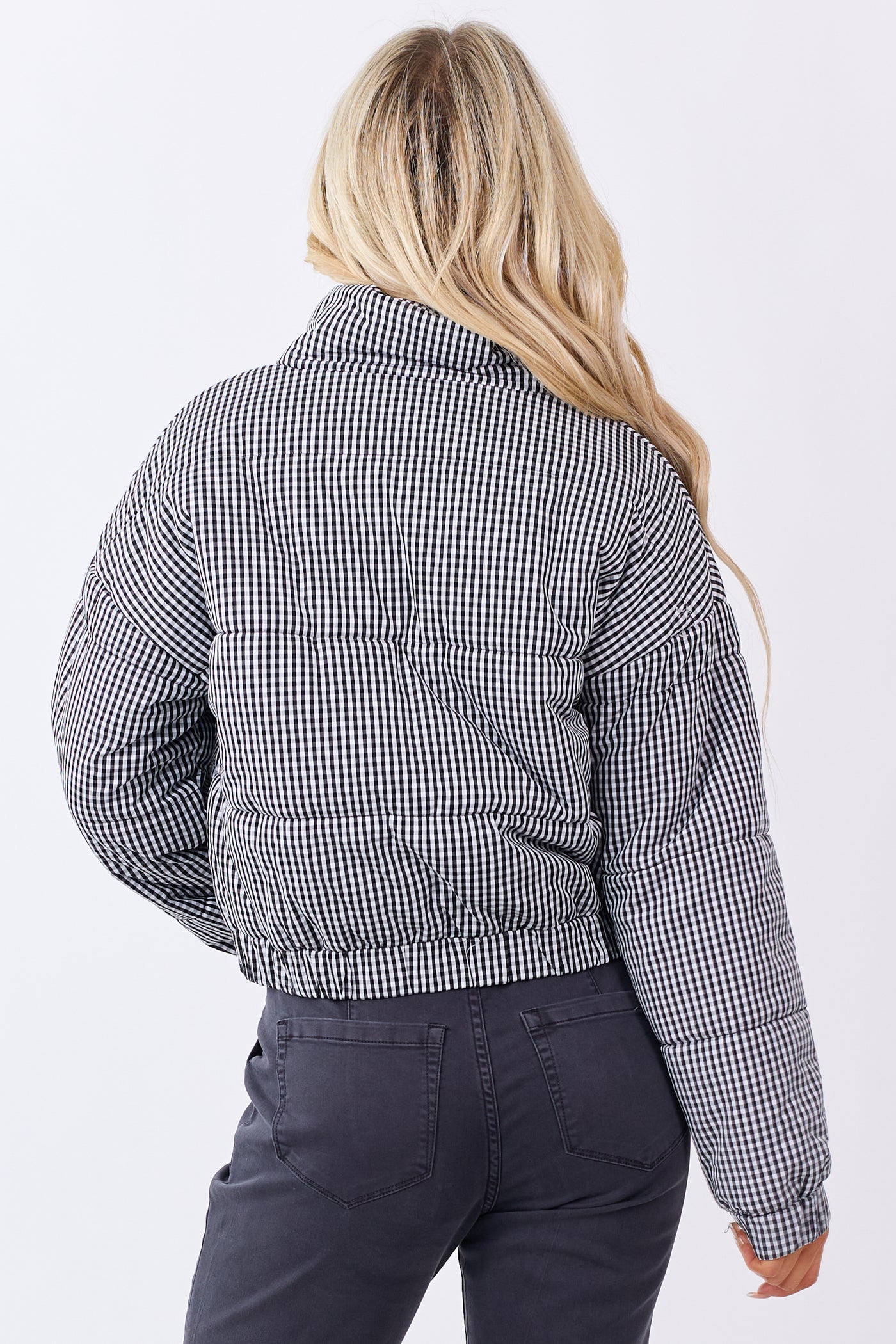 Black and White Gingham Zip Up Cotton Puffer Jacket