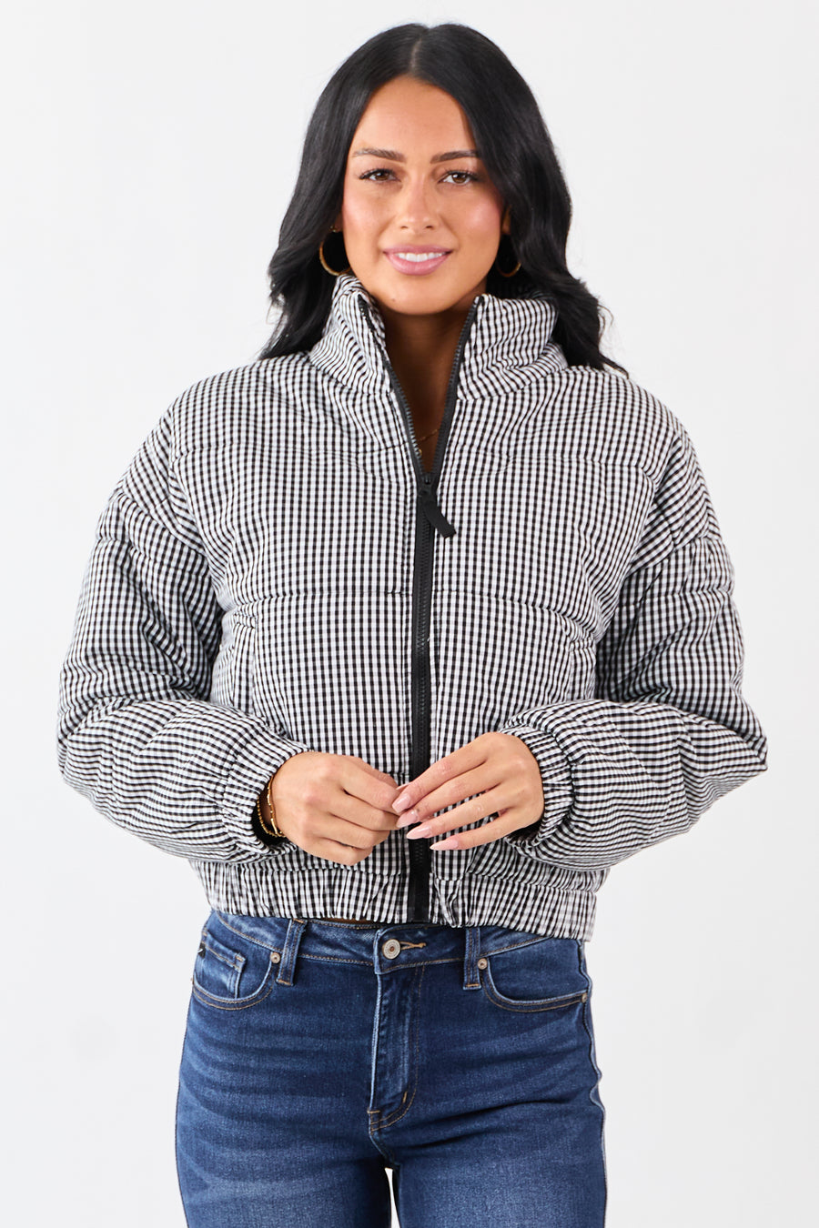 Black and White Gingham Zip Up Cotton Puffer Jacket