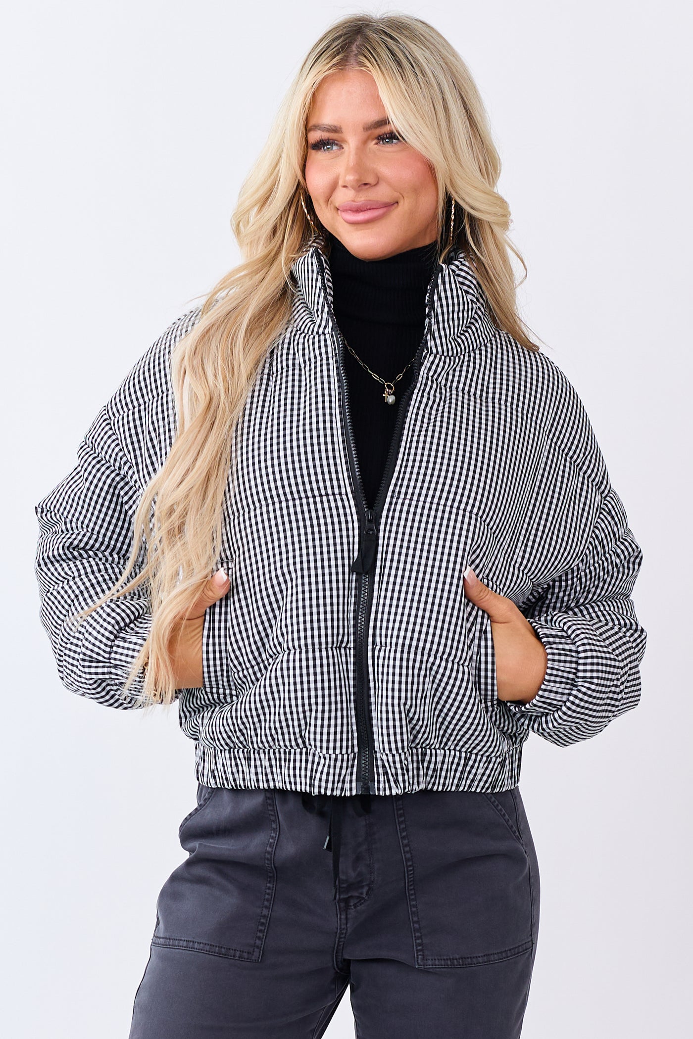Black and White Gingham Zip Up Cotton Puffer Jacket