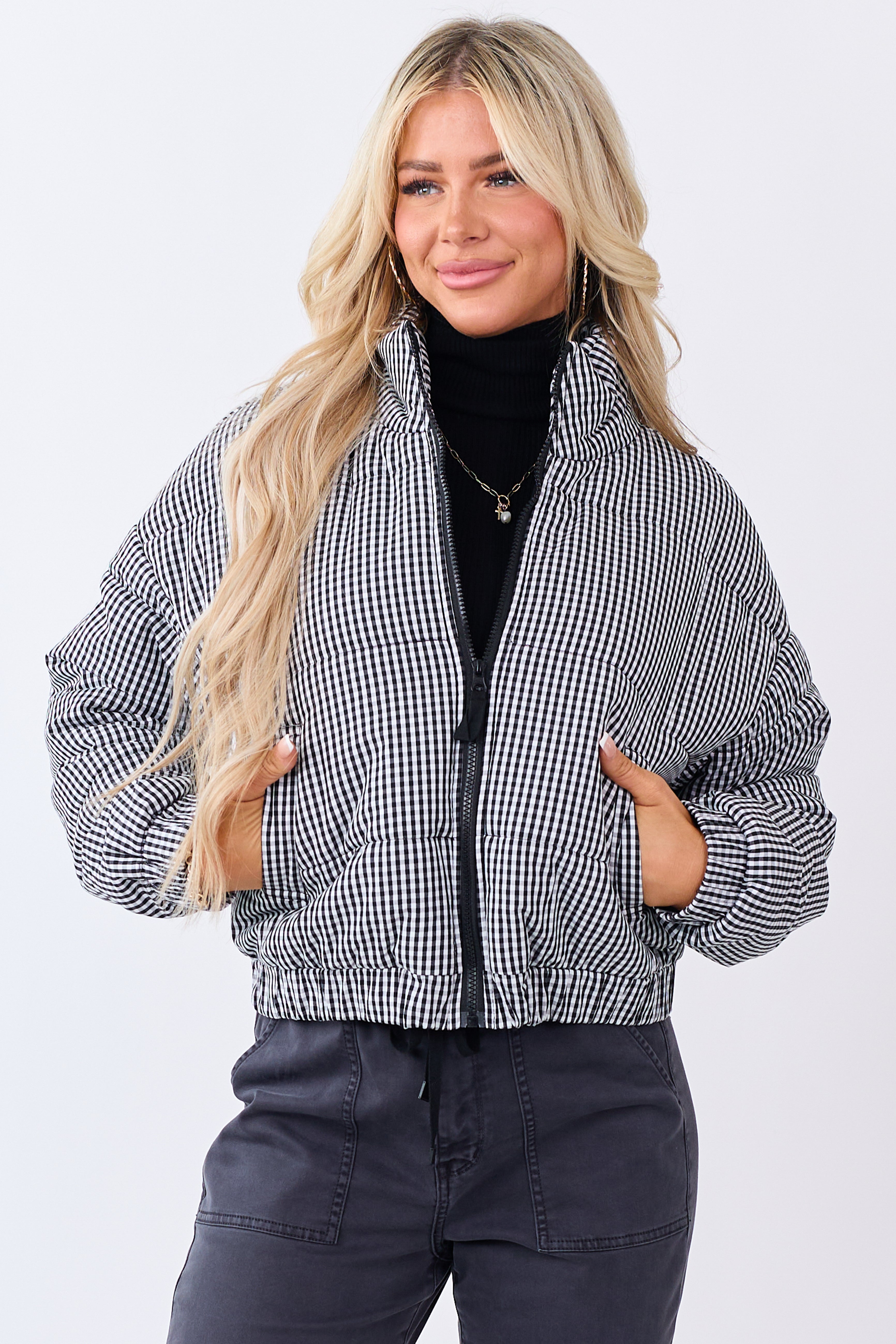 Black and White Gingham Zip Up Cotton Puffer Jacket