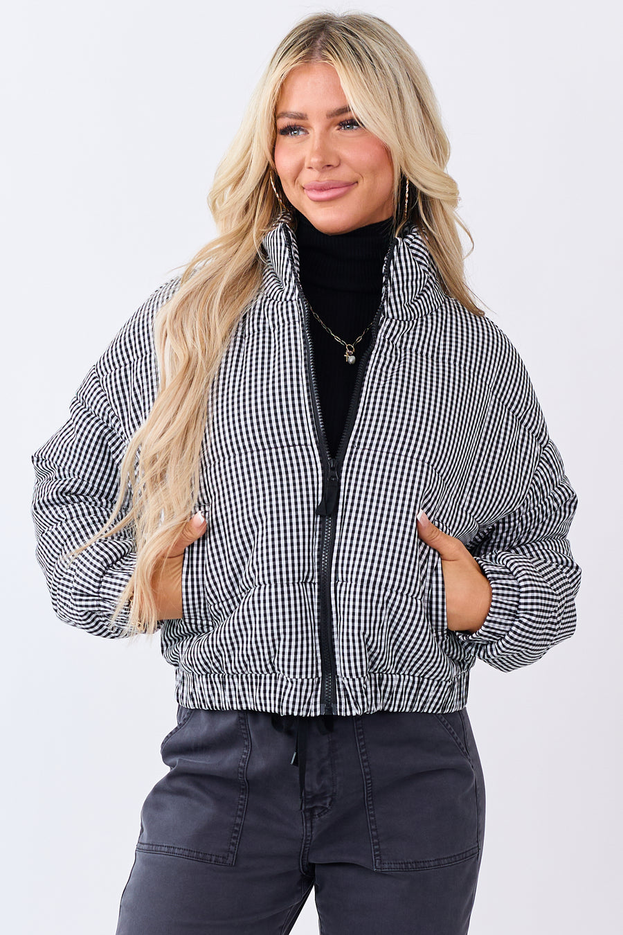 Black and White Gingham Zip Up Cotton Puffer Jacket