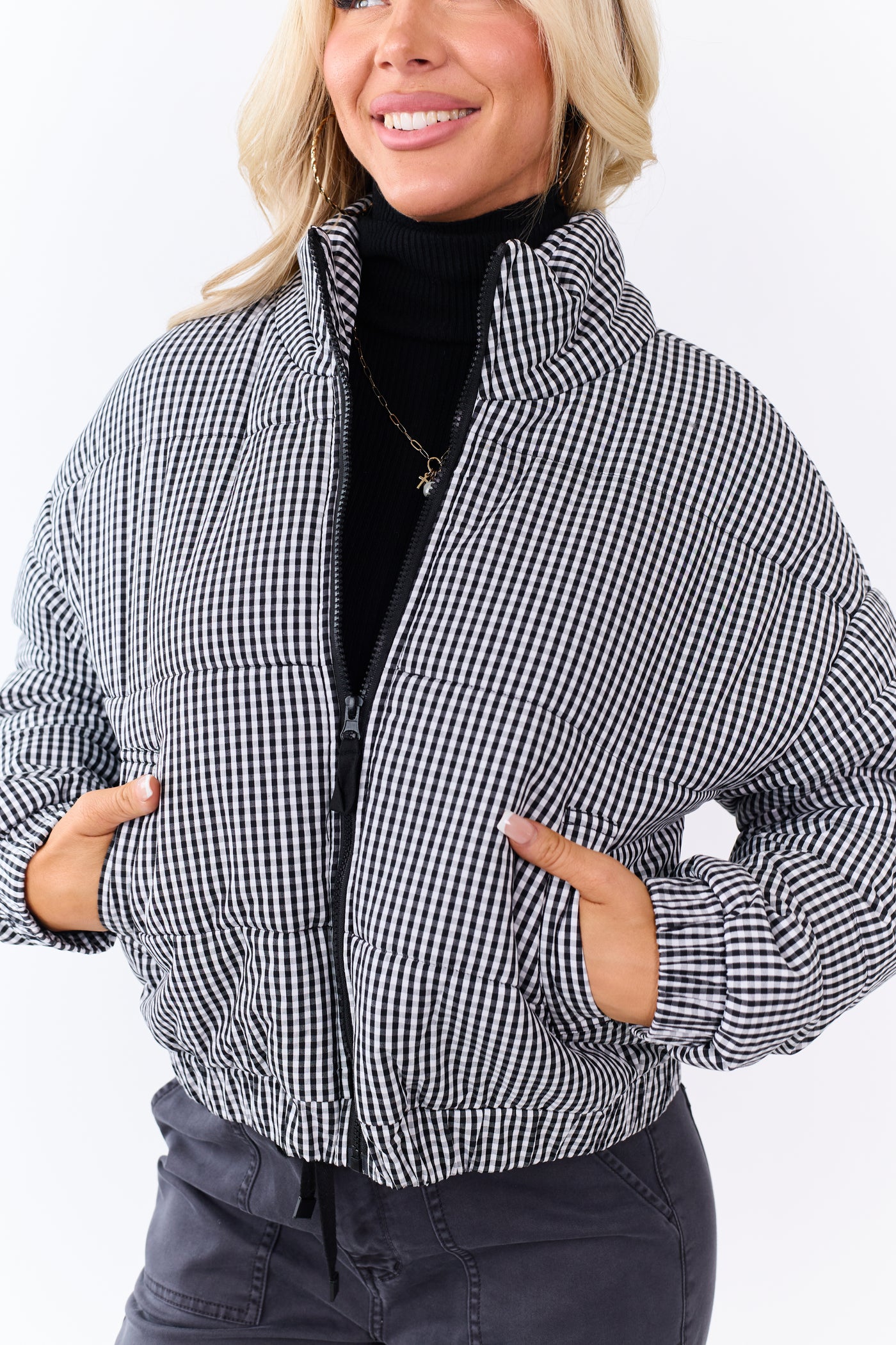 Black and White Gingham Zip Up Cotton Puffer Jacket