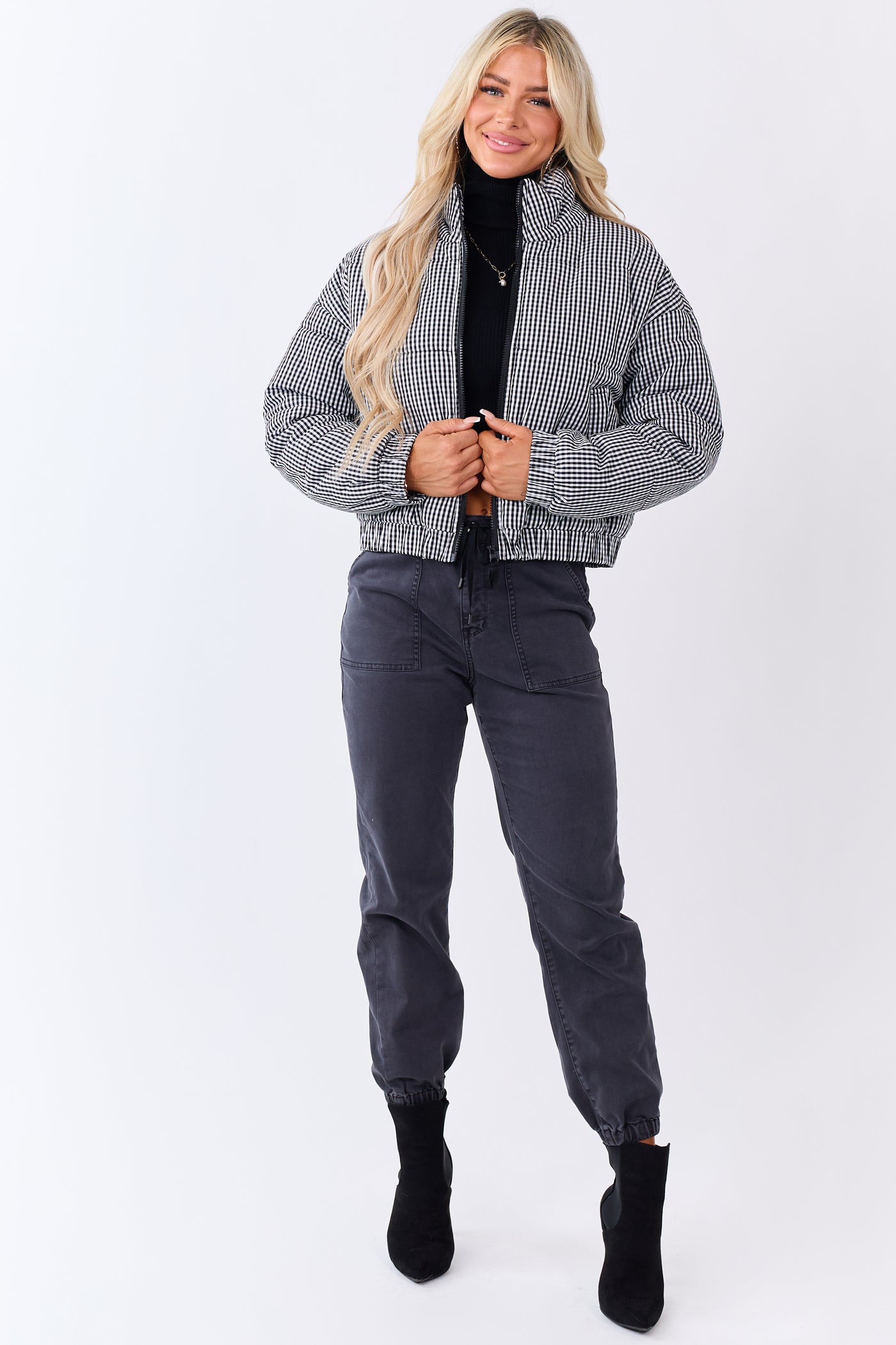 Black and White Gingham Zip Up Cotton Puffer Jacket