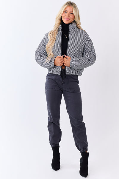 Black and White Gingham Zip Up Cotton Puffer Jacket