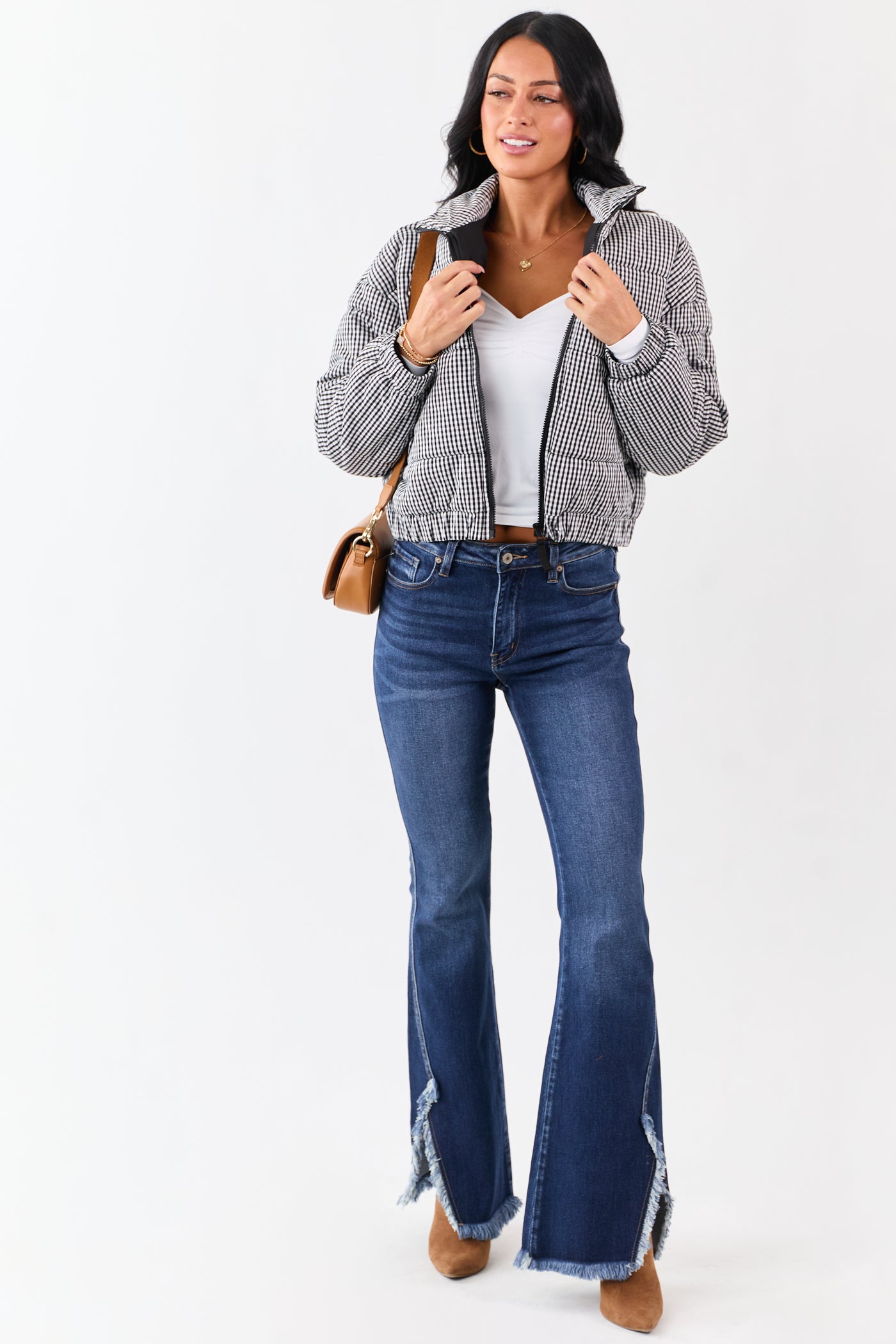 Black and White Gingham Zip Up Cotton Puffer Jacket
