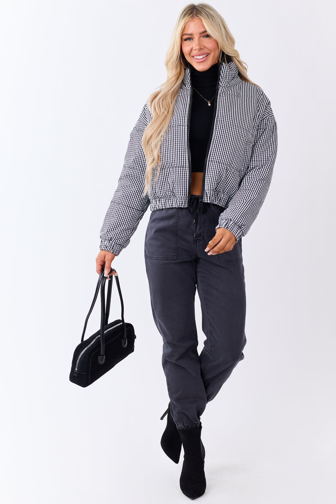 Black and White Gingham Zip Up Cotton Puffer Jacket