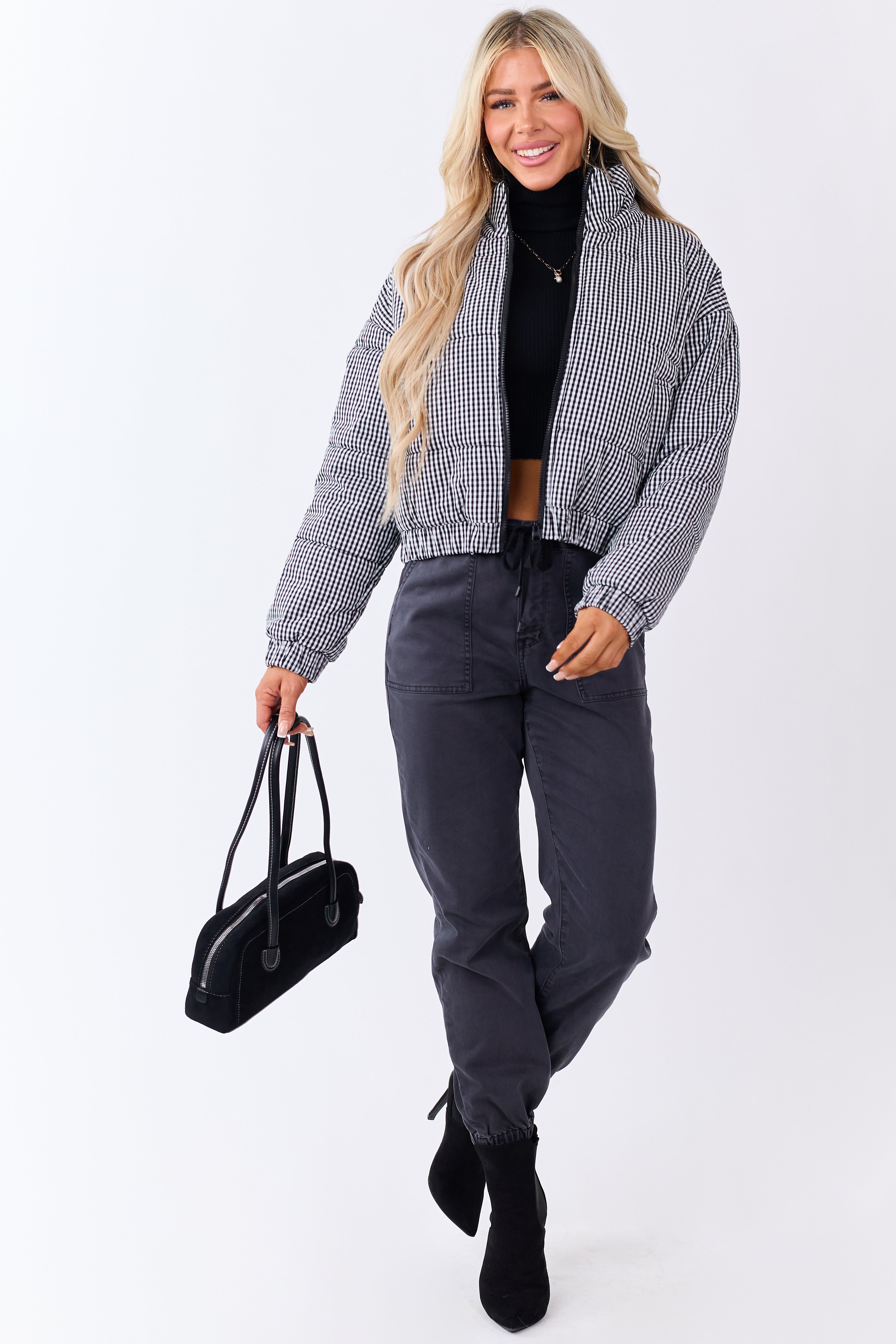 Black and White Gingham Zip Up Cotton Puffer Jacket