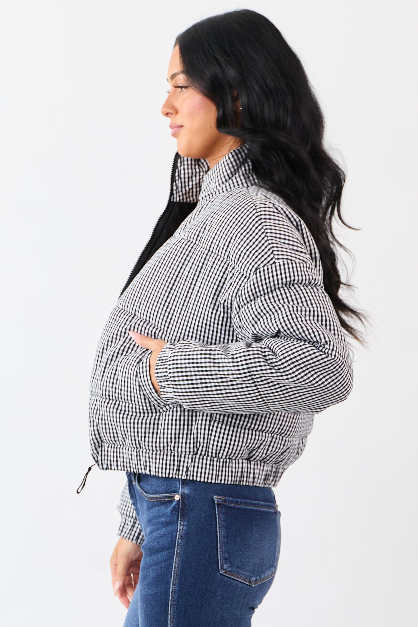 Black and White Gingham Zip Up Cotton Puffer Jacket