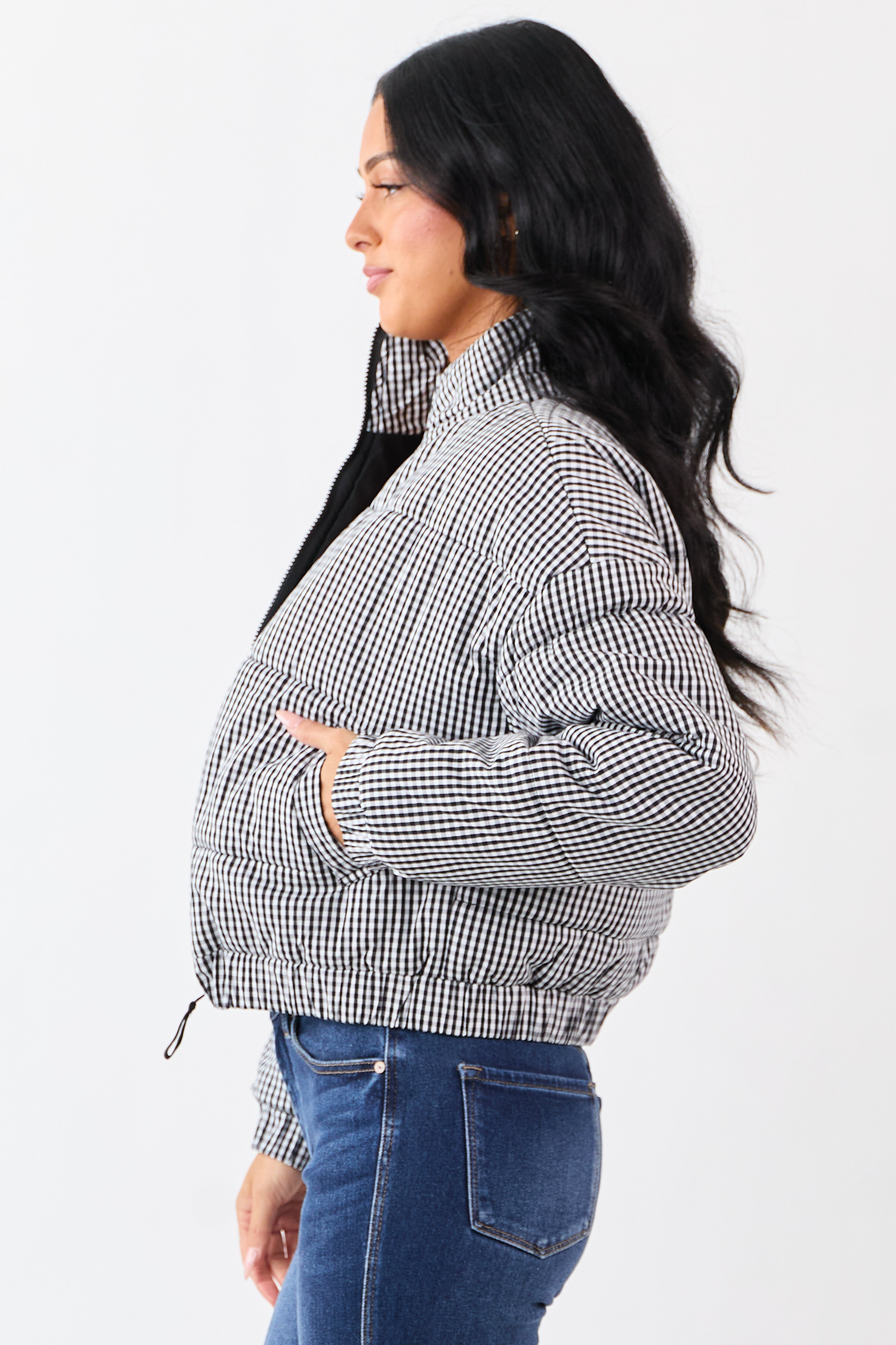 Black and White Gingham Zip Up Cotton Puffer Jacket