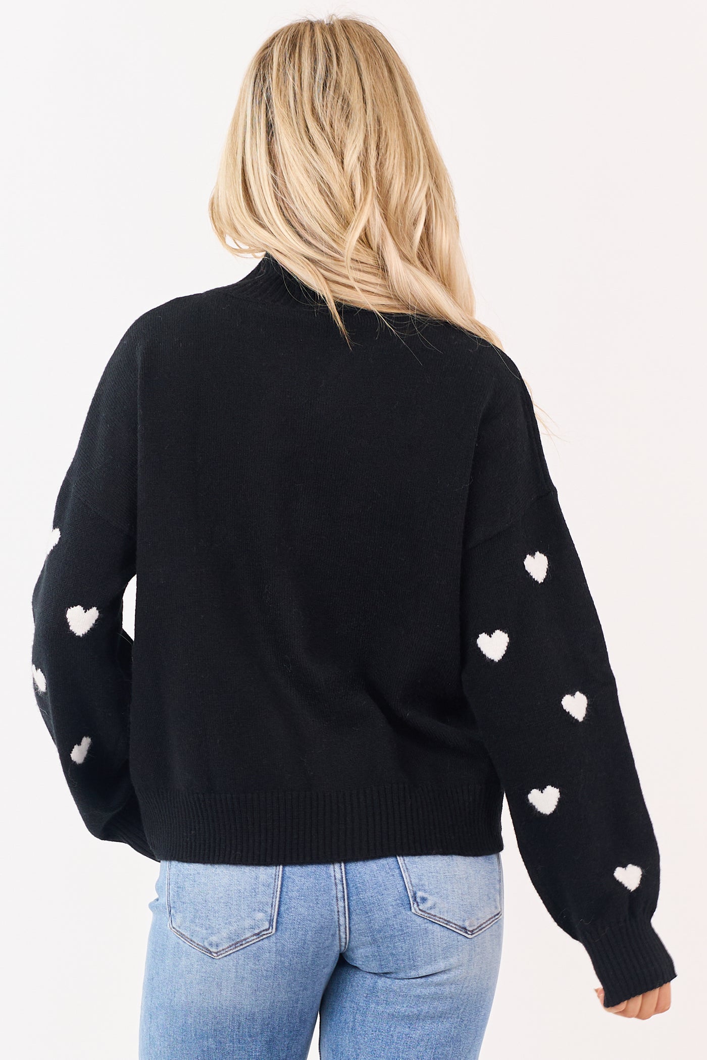 Black and White Heart Pattern Mock Neck Sweater