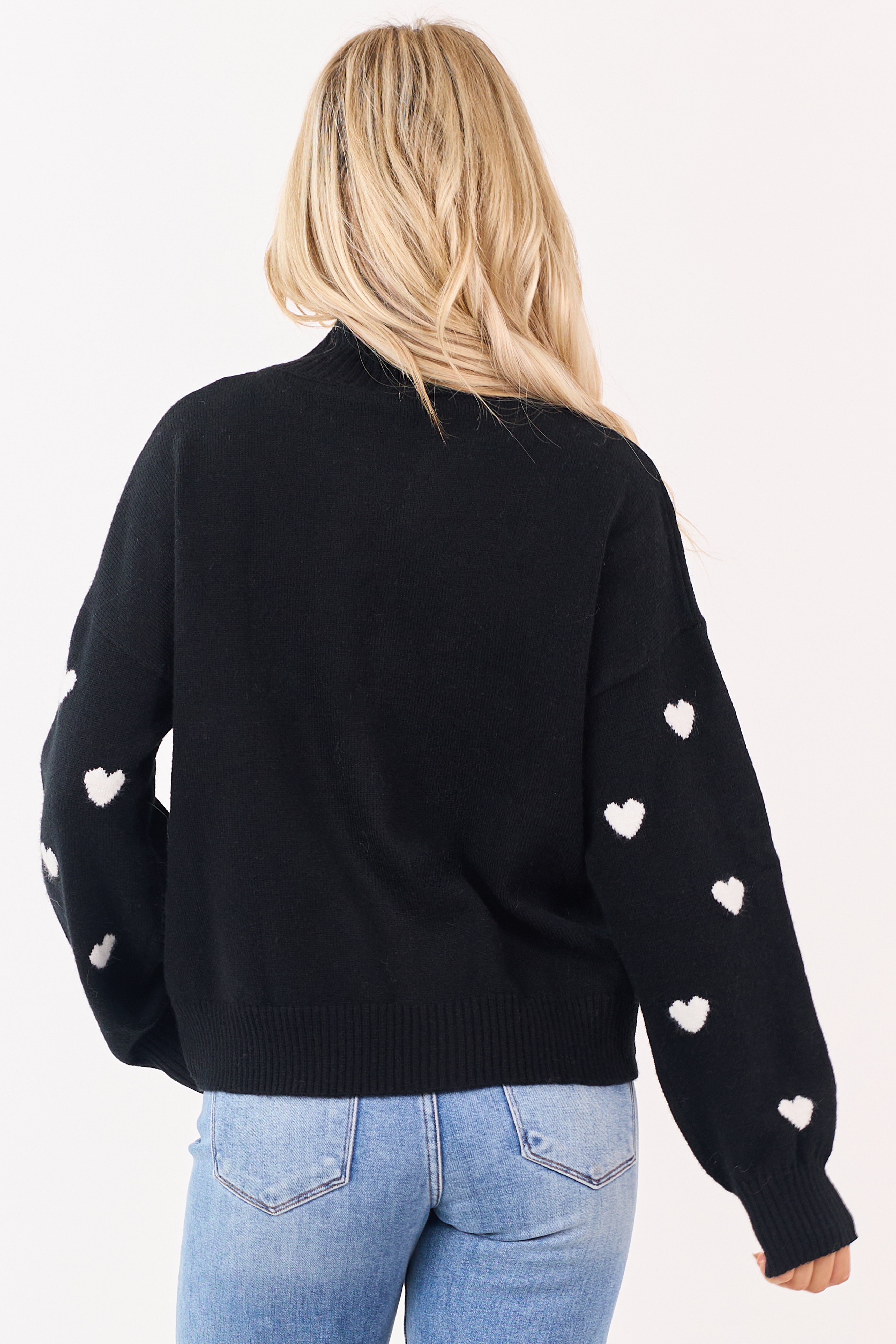 Black and White Heart Pattern Mock Neck Sweater
