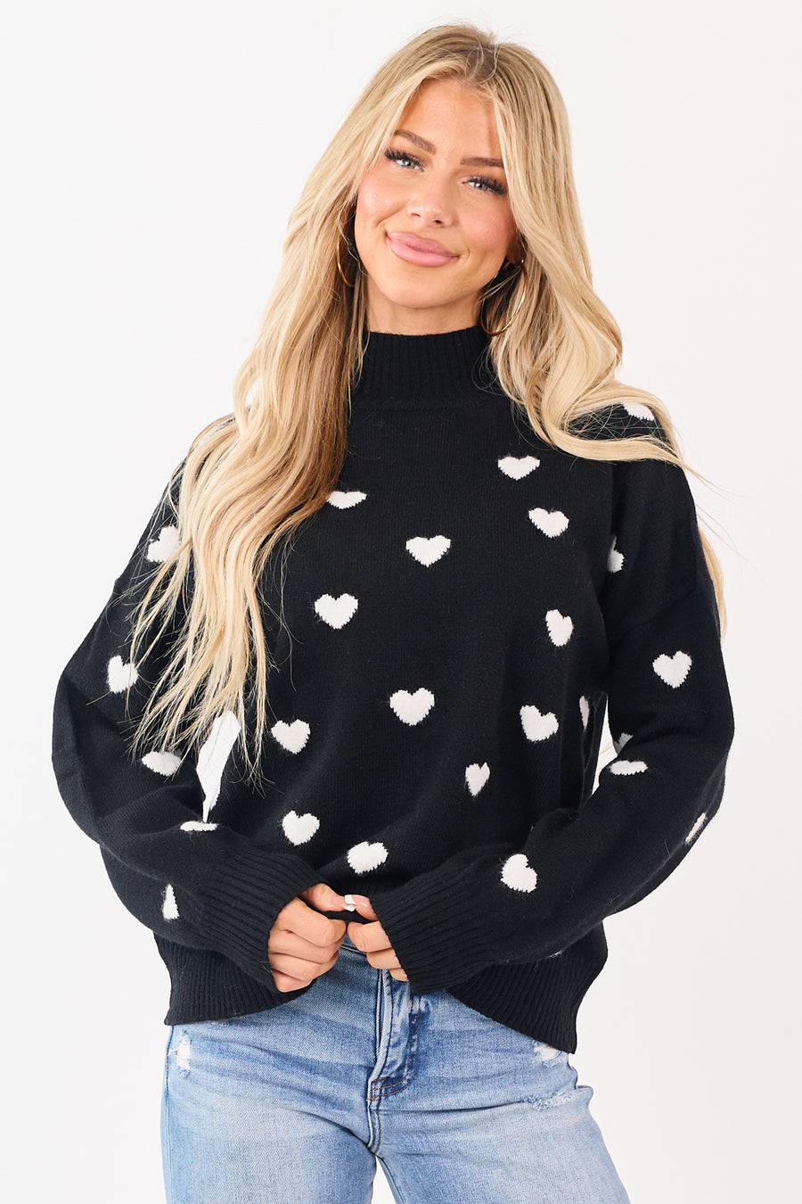 Black and White Heart Pattern Mock Neck Sweater