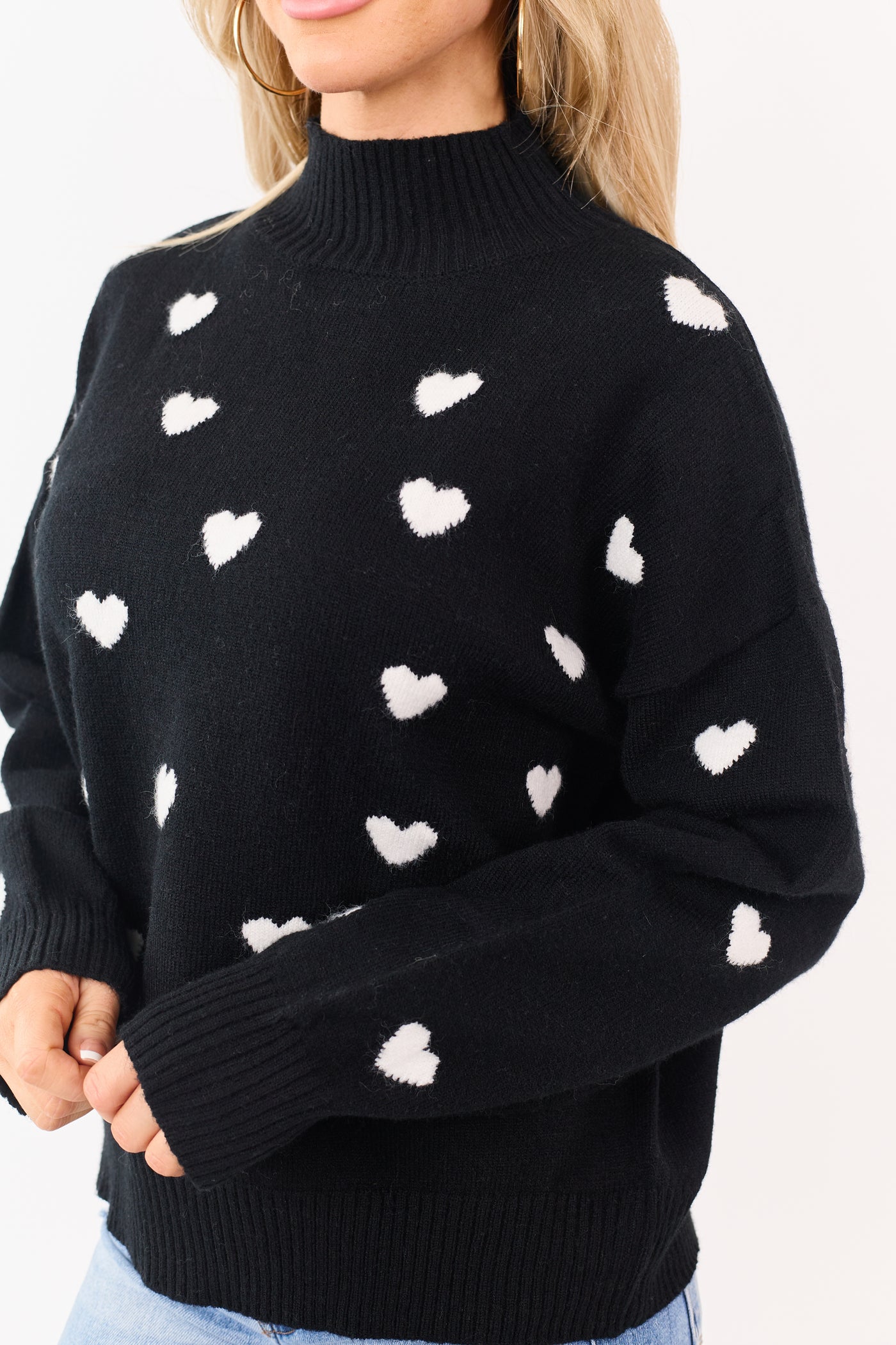 Black and White Heart Pattern Mock Neck Sweater