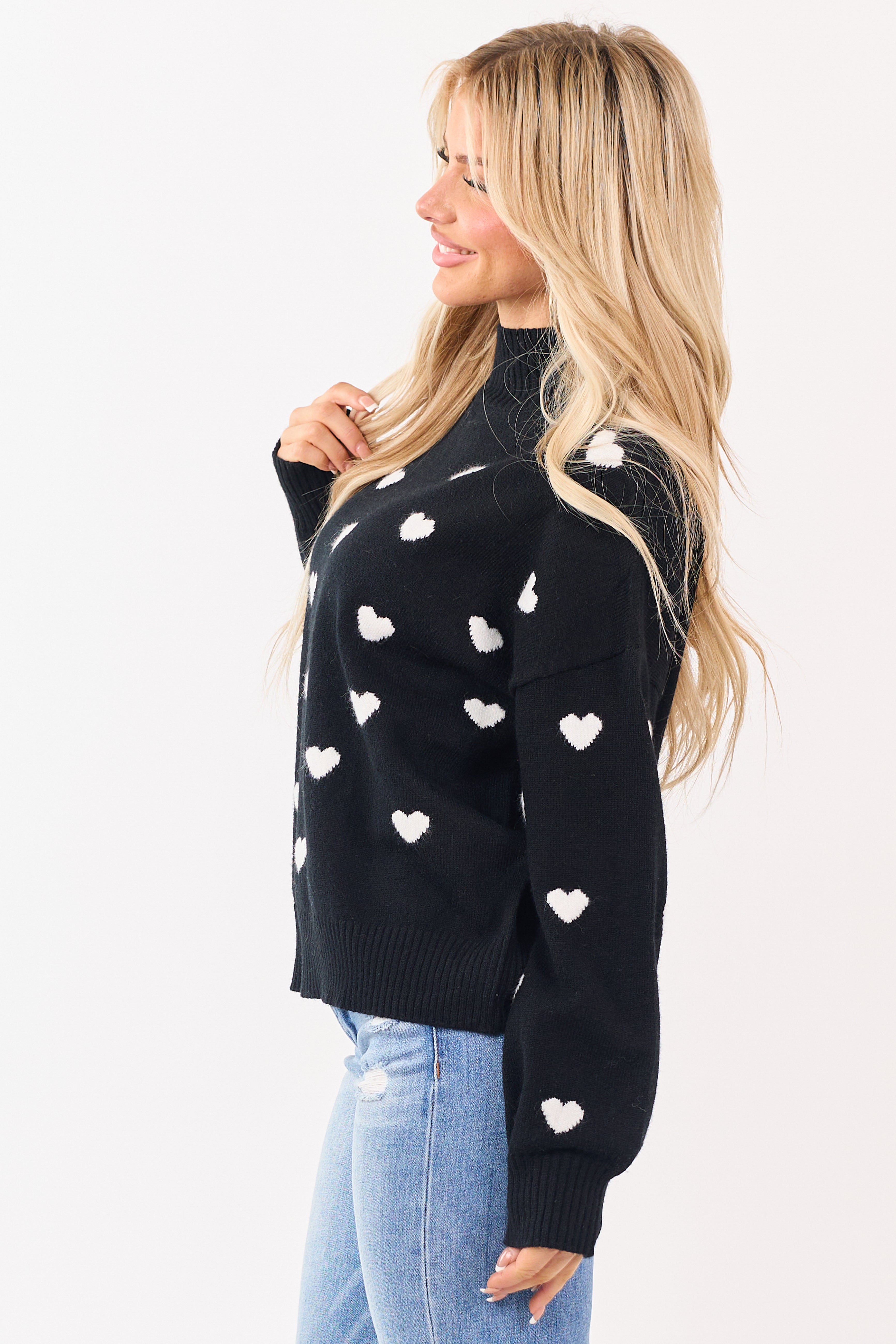 Black and White Heart Pattern Mock Neck Sweater | Lime Lush Boutique