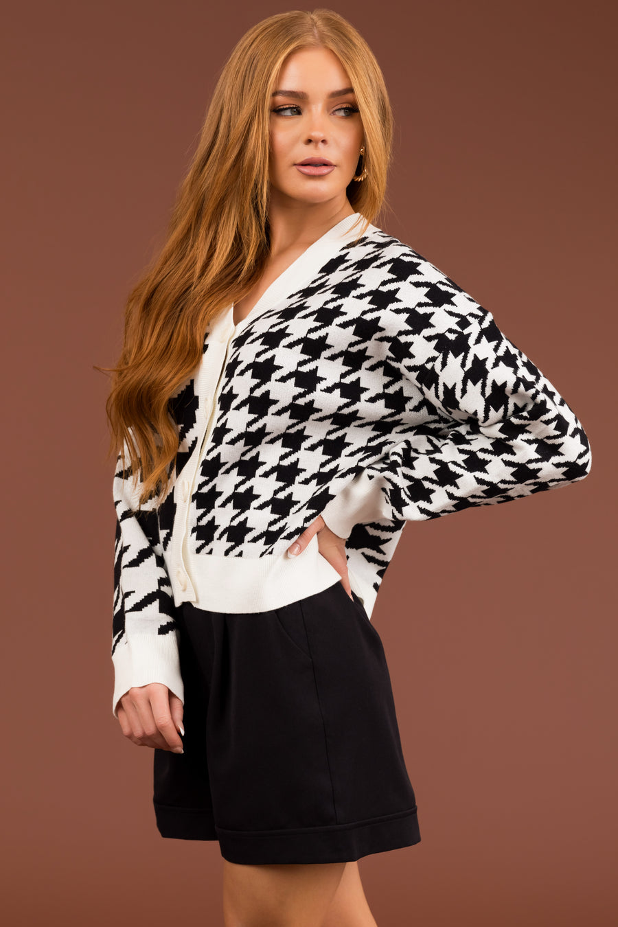 Black and White Houndstooth Button Down Cardigan