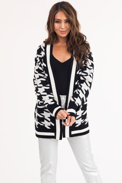 Black and White Houndstooth Open Front Cardigan