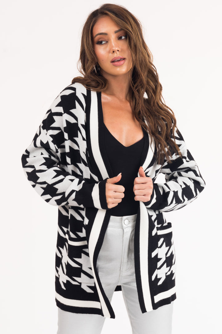 Black and White Houndstooth Open Front Cardigan