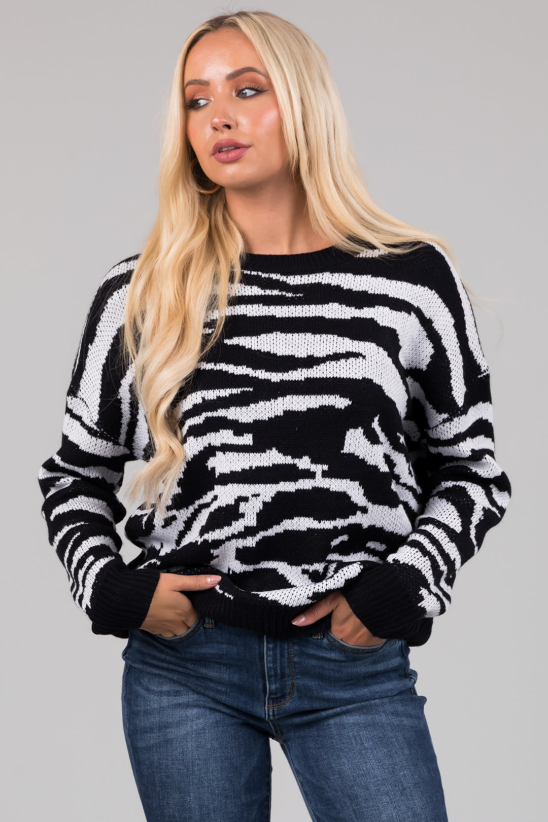 Black and White Long Sleeve Zebra Knit Sweater & Lime Lush