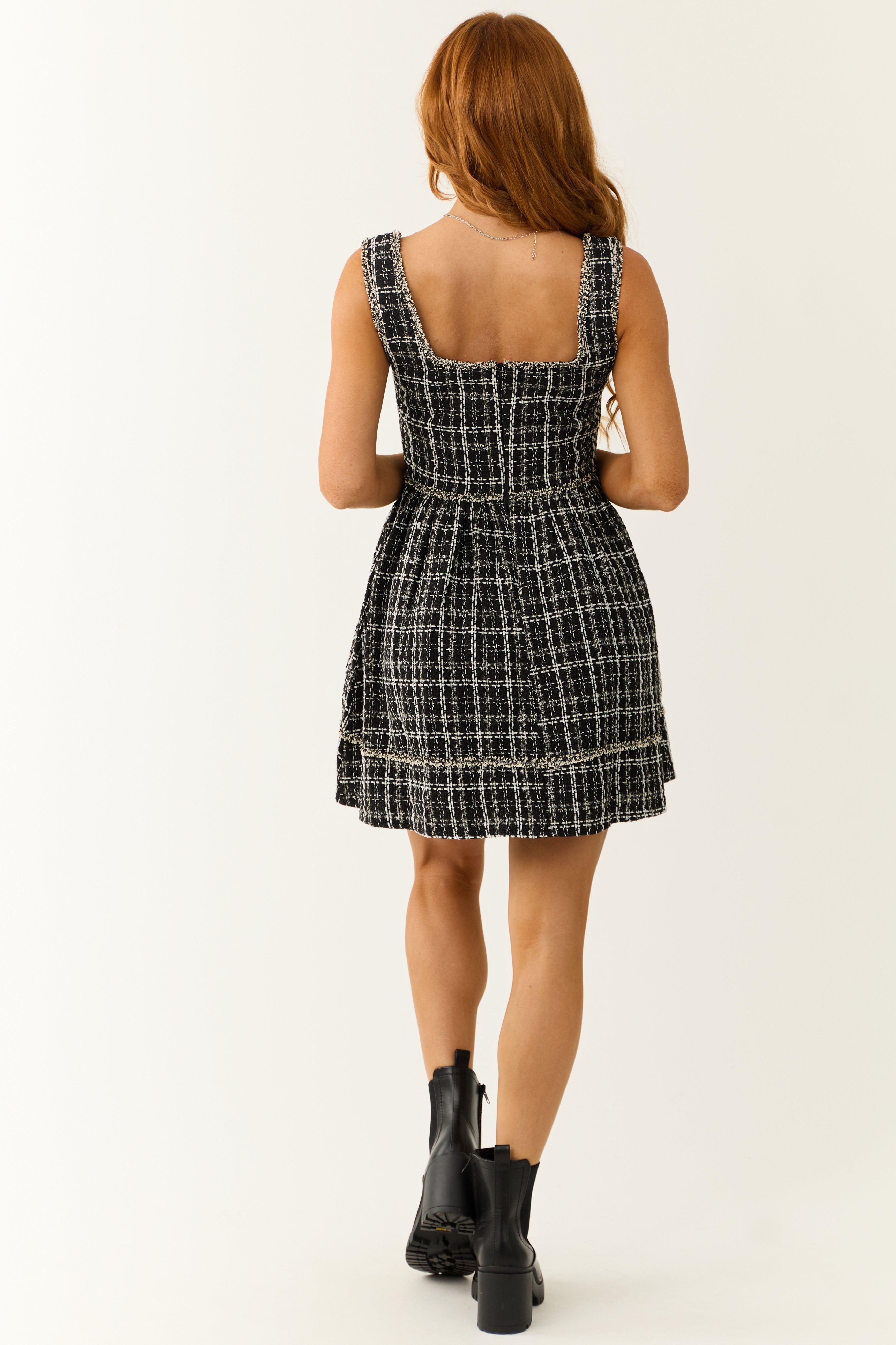 Black and White Plaid Tweed Sleeveless Short Dress | Lime Lush