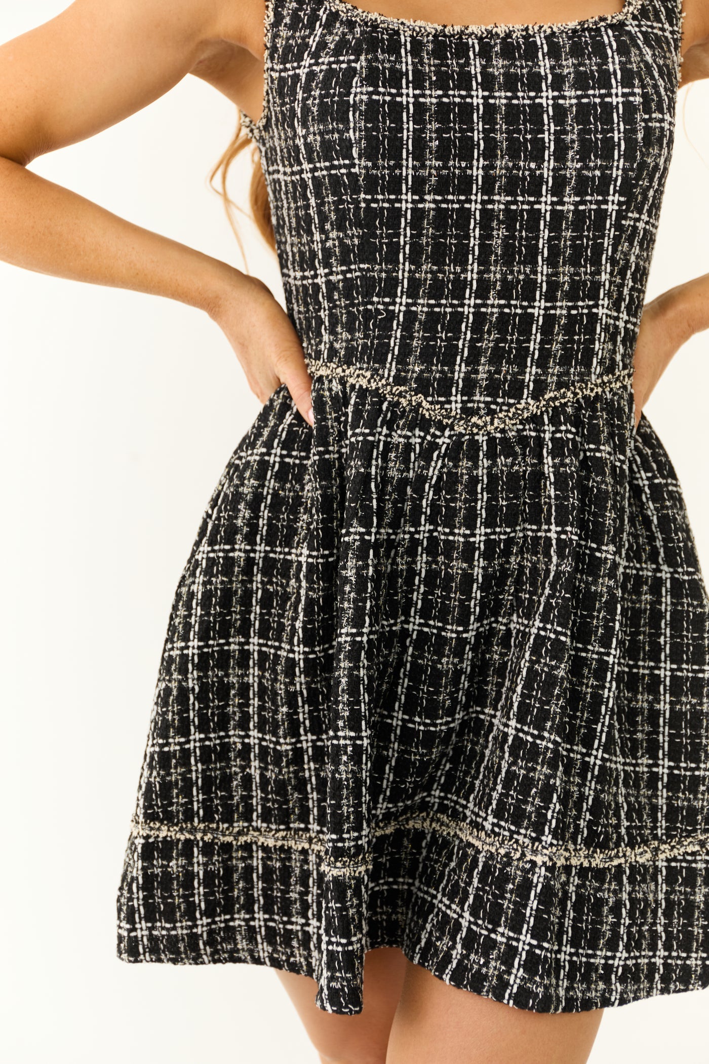 Black and White Plaid Tweed Sleeveless Short Dress Black and White Plaid Tweed Sleeveless Short Dress