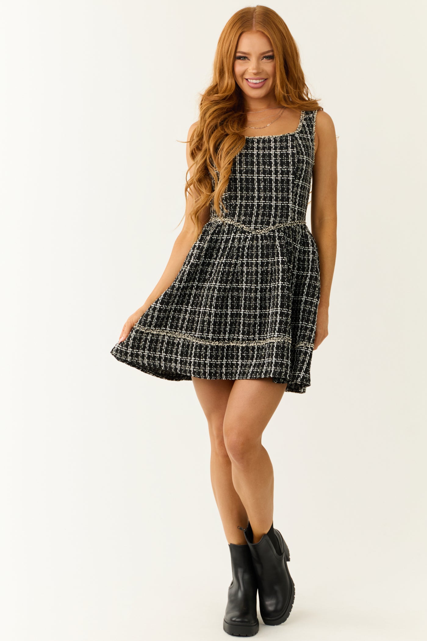 Black and White Plaid Tweed Sleeveless Short Dress Black and White Plaid Tweed Sleeveless Short Dress