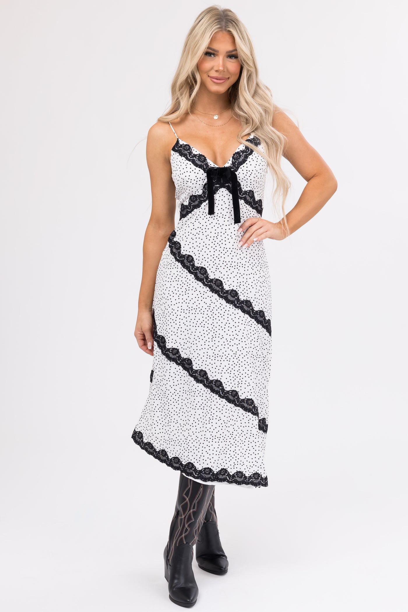 Black and White Polka Dot Lace Midi Dress