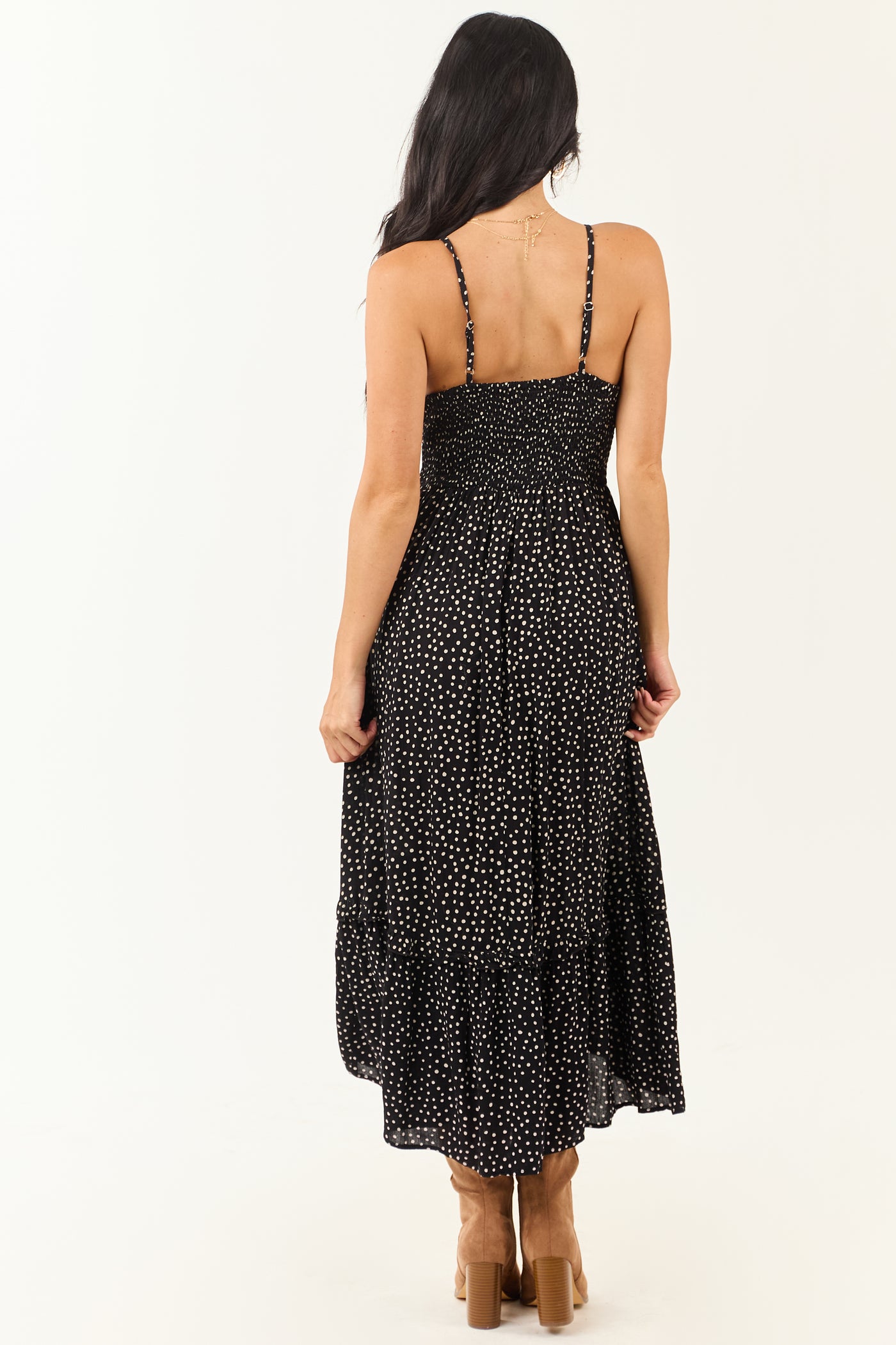 Black and White Polka Dot Sleeveless Midi Dress