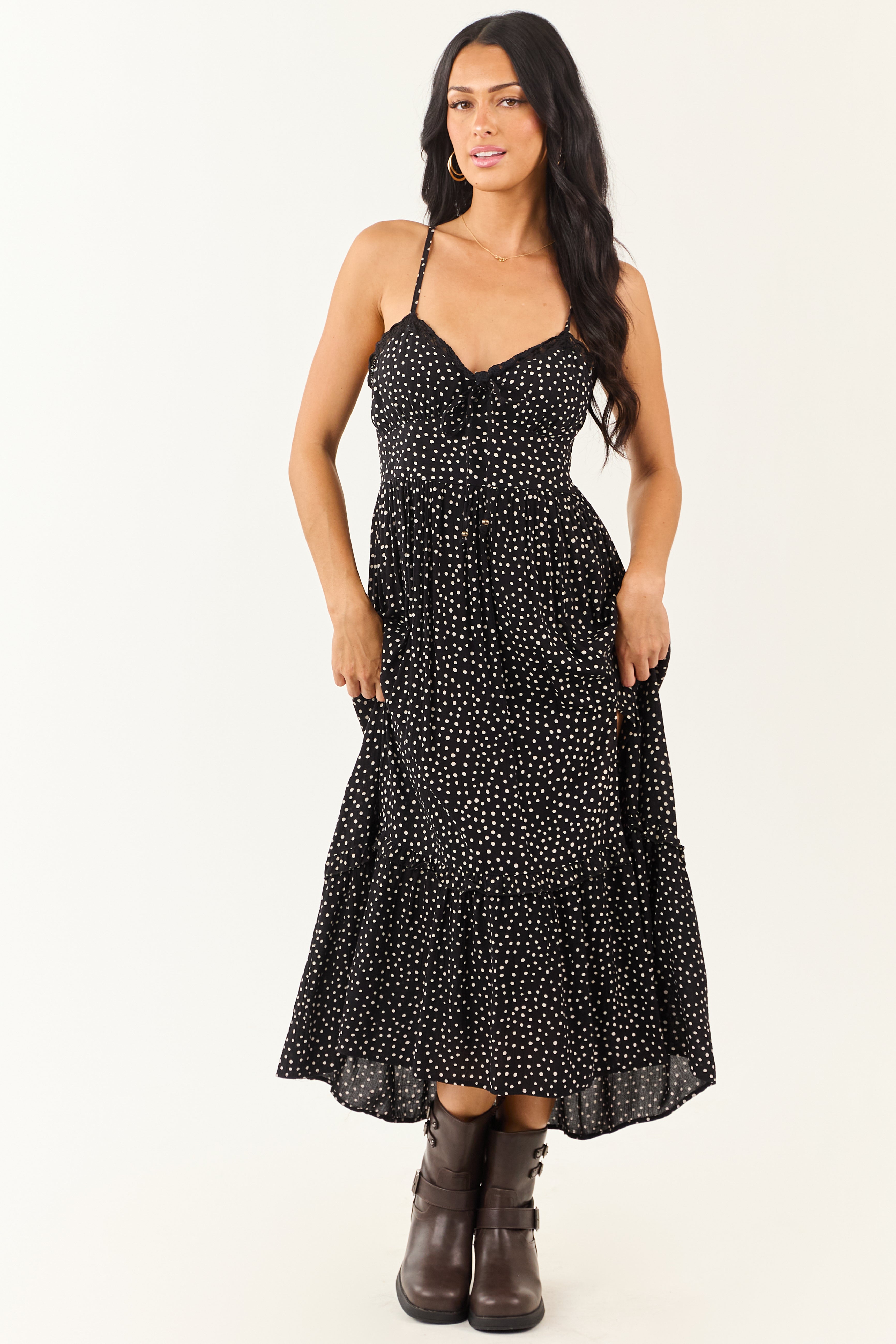 Black and White Polka Dot Sleeveless Midi Dress