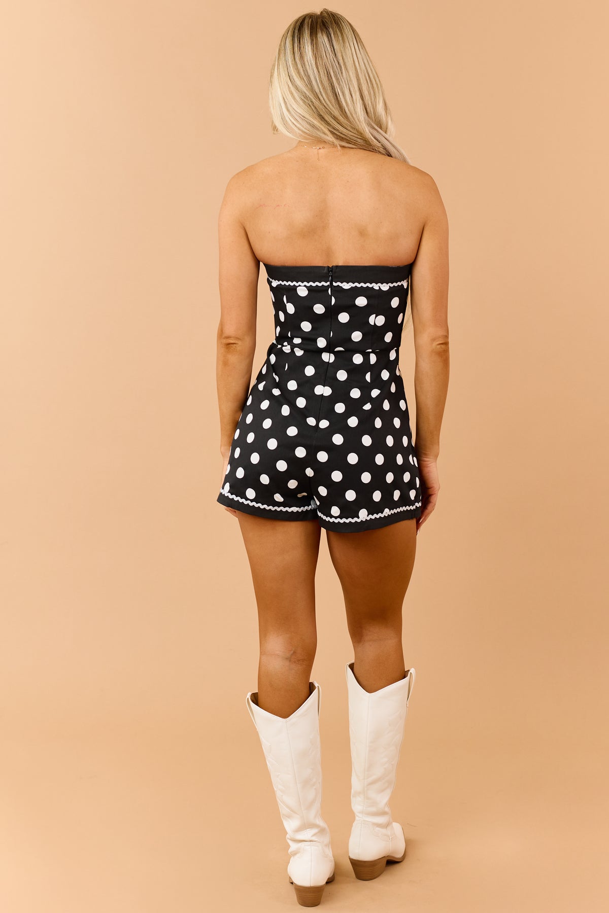 Black and White Polka Dot Strapless Skort Romper