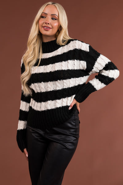 Black and White Striped Cable Knit Sweater