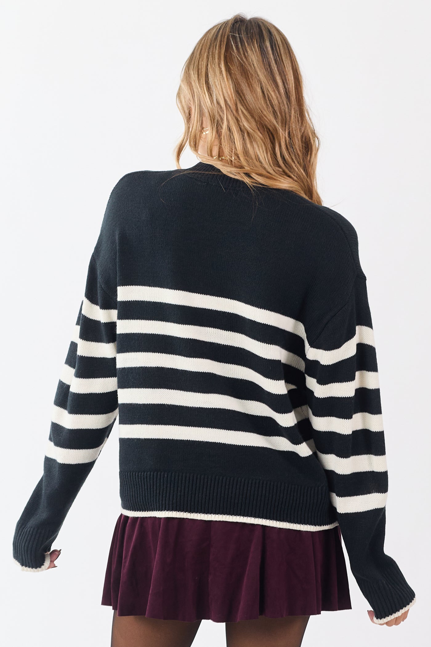 Black and White Striped Ribbed Trim Knit Sweater
