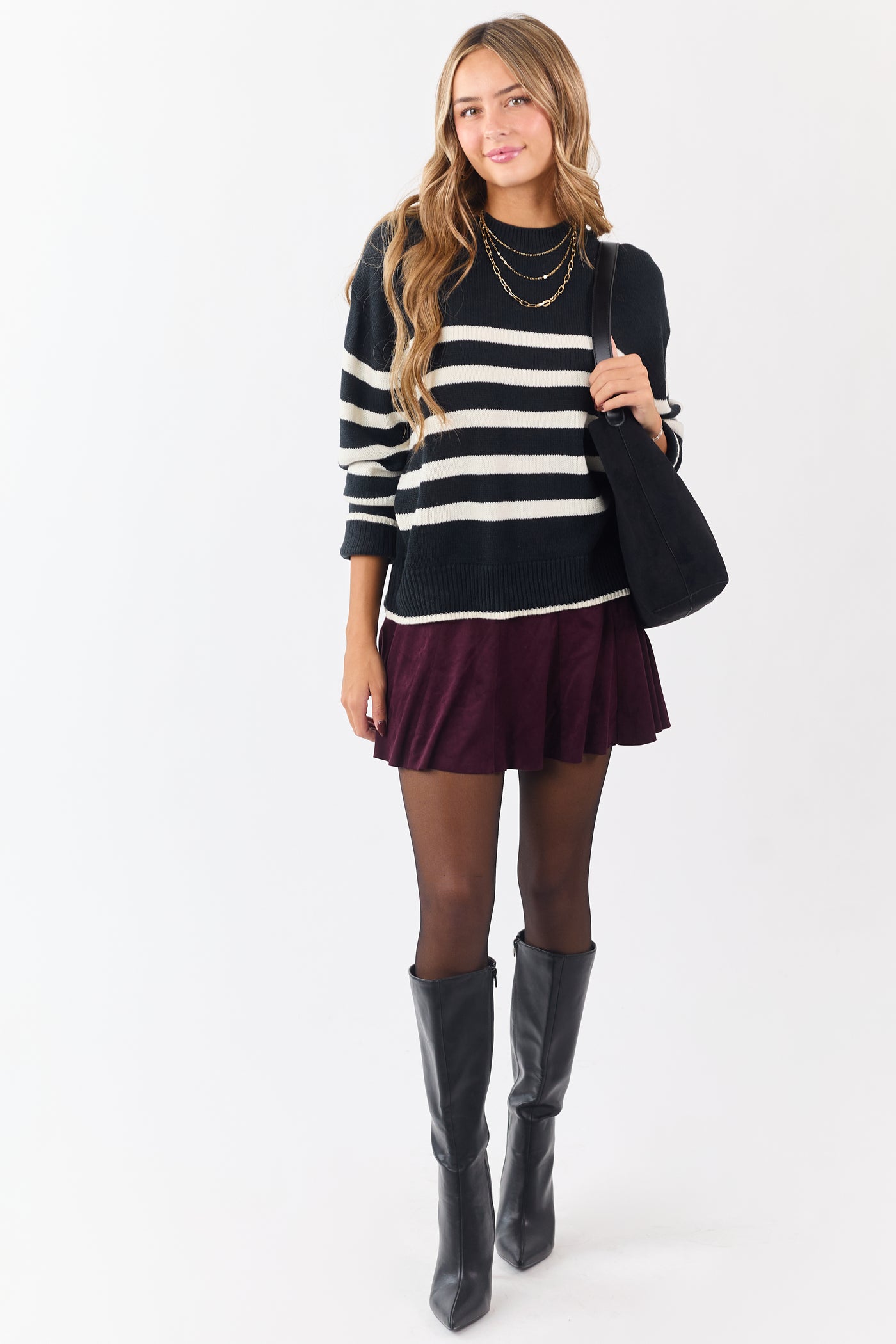 Black and White Striped Ribbed Trim Knit Sweater