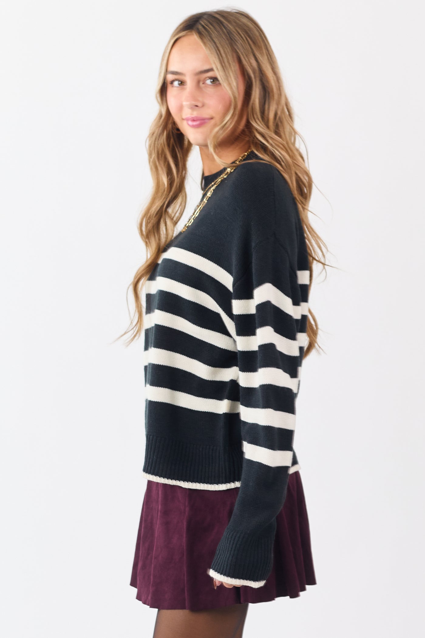 Black and White Striped Ribbed Trim Knit Sweater