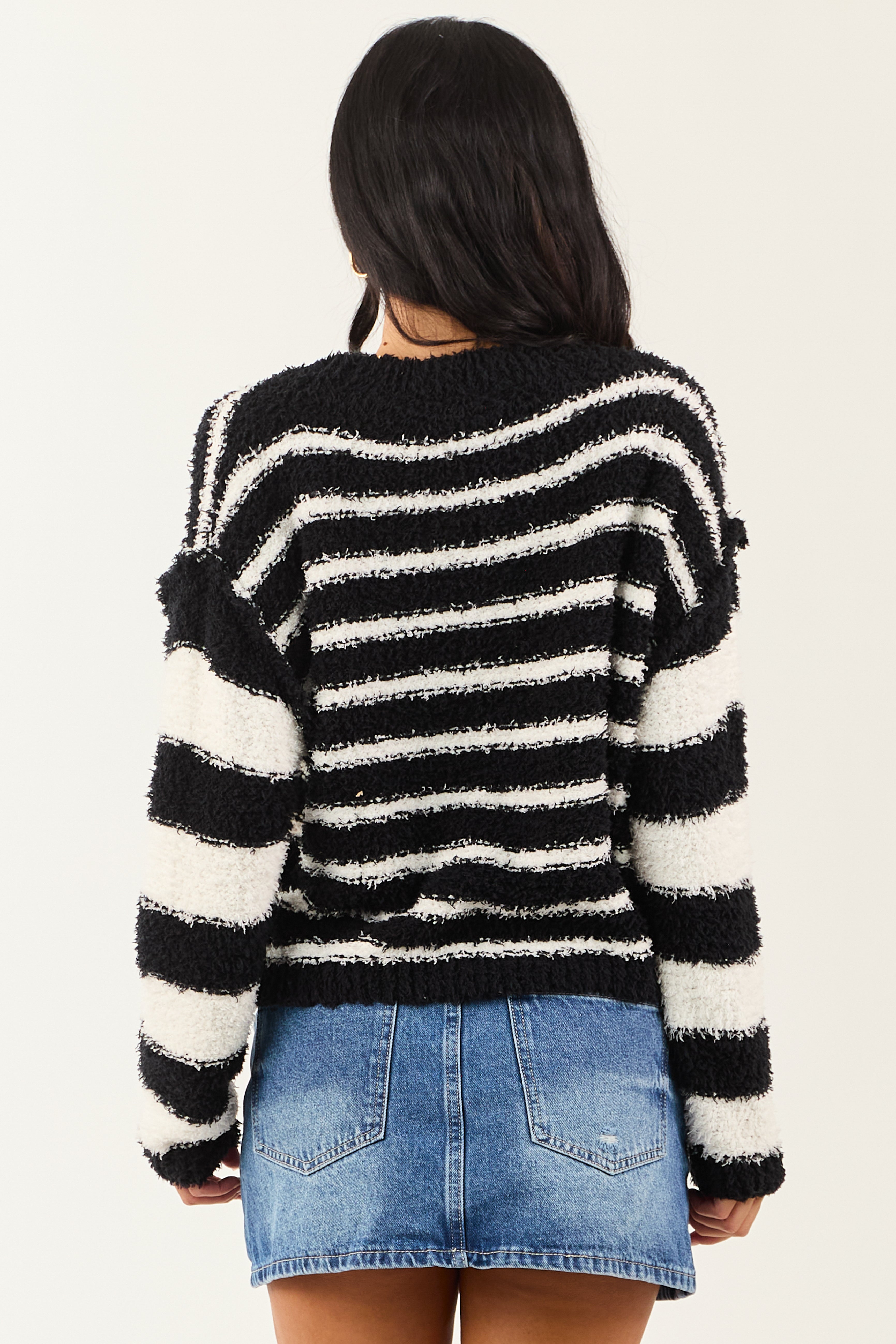 Black and White Striped Soft Fuzzy Knit Sweater