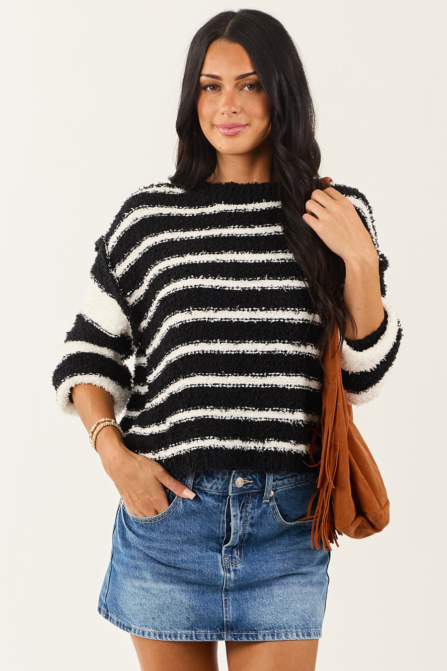 Black and White Striped Soft Fuzzy Knit Sweater