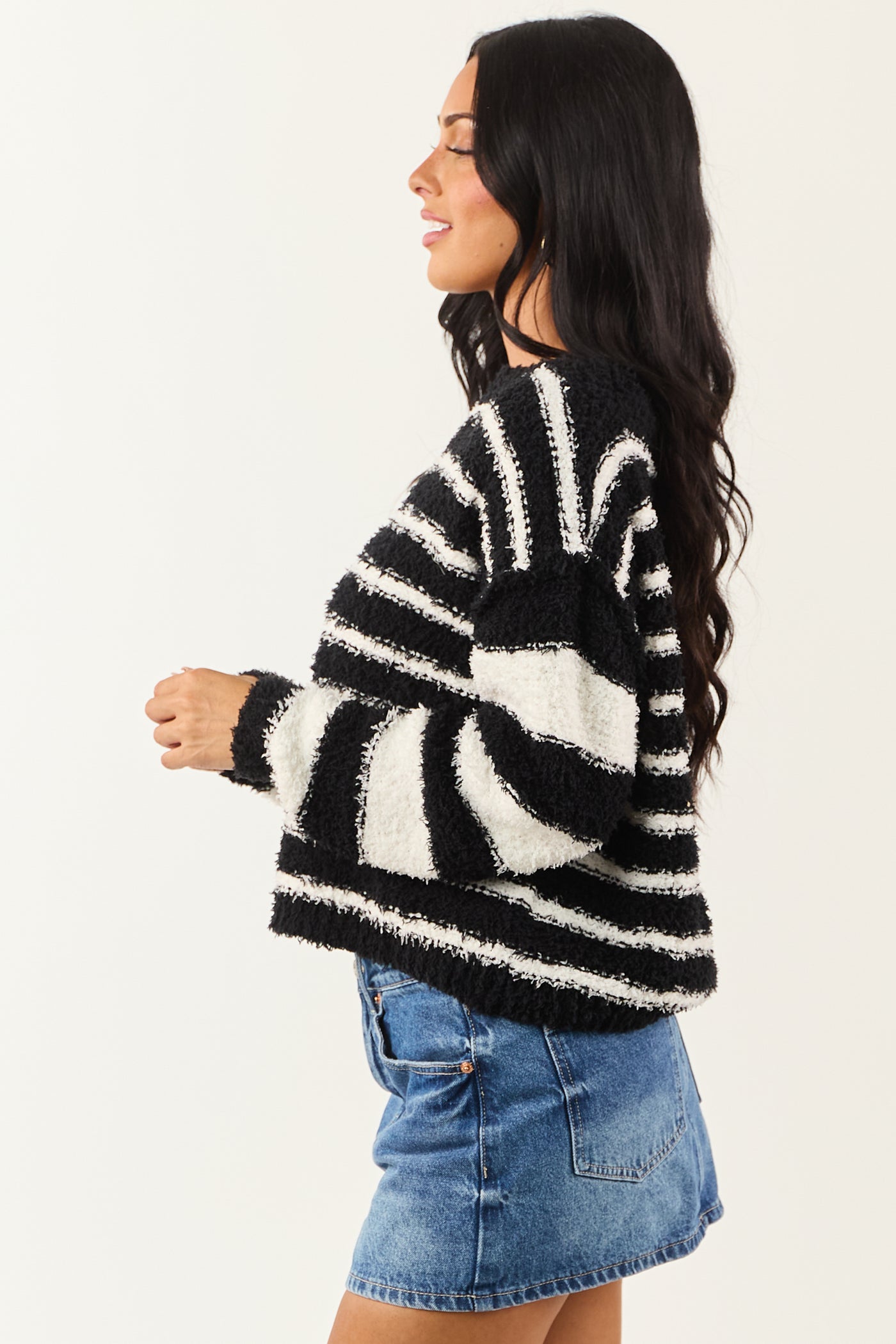 Black and White Striped Soft Fuzzy Knit Sweater