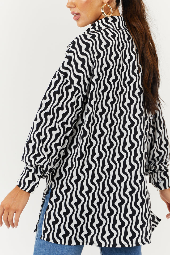 Black and White Wavy Striped Button Down Blouse