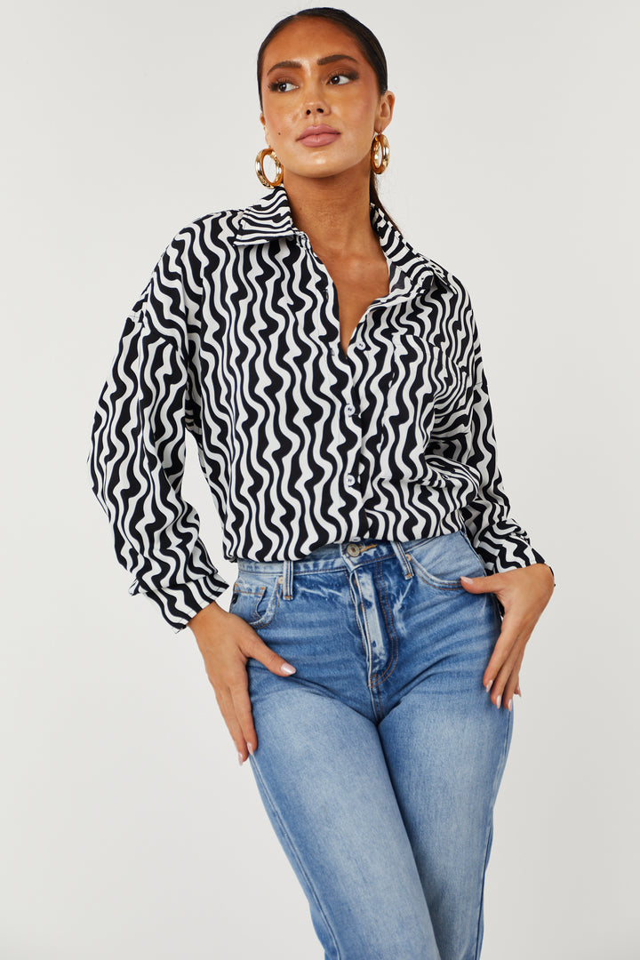 Black and White Wavy Striped Button Down Blouse