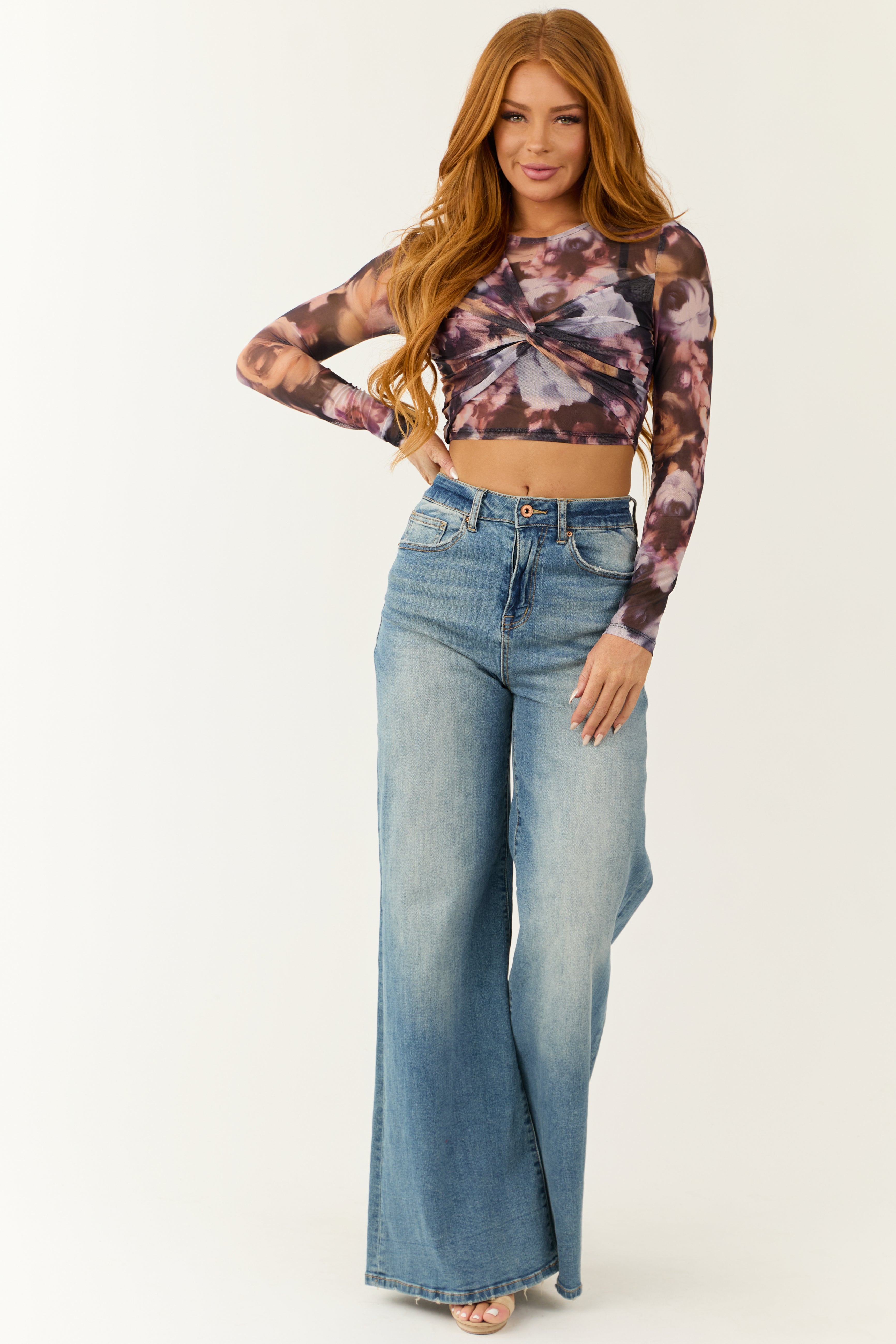 Black and Wine Floral Print Front Knot Mesh Crop Top