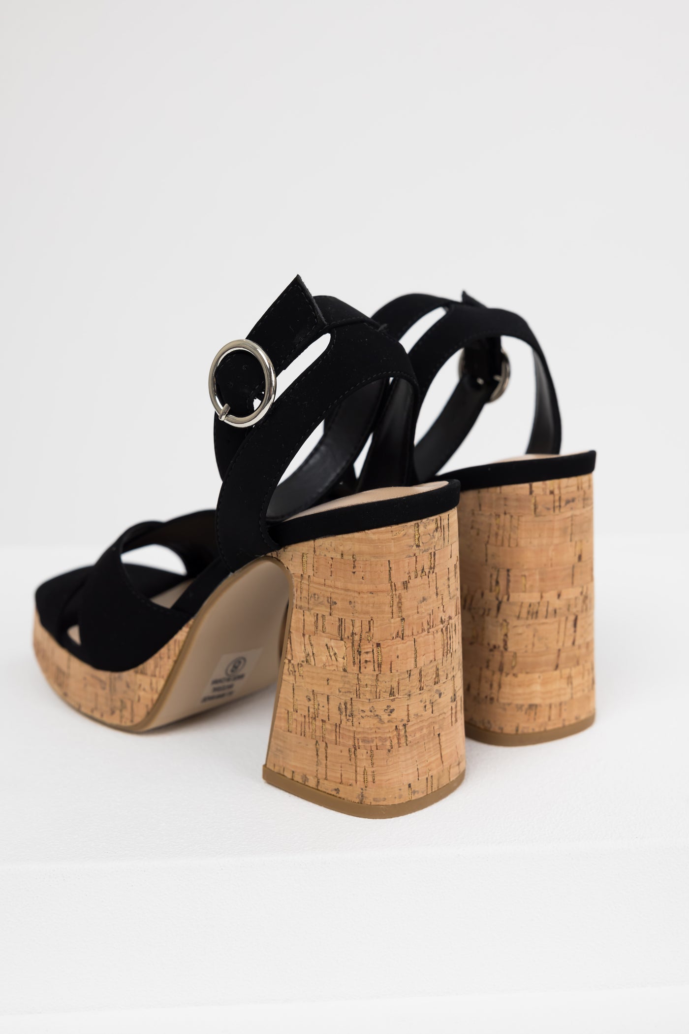 Black Ankle Strap Cork Platform Heels