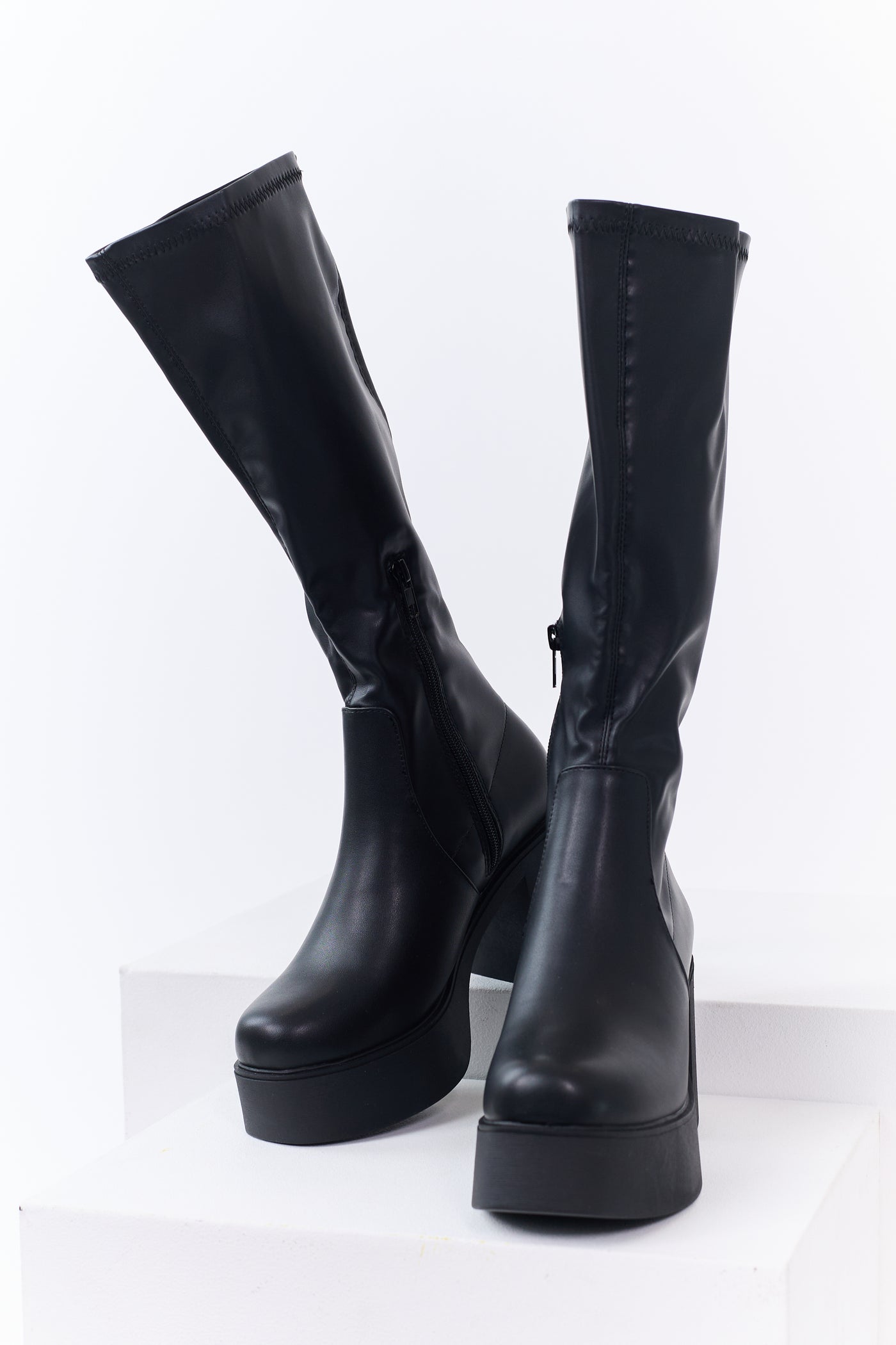 Black Block Heel Faux Leather Platform Boots