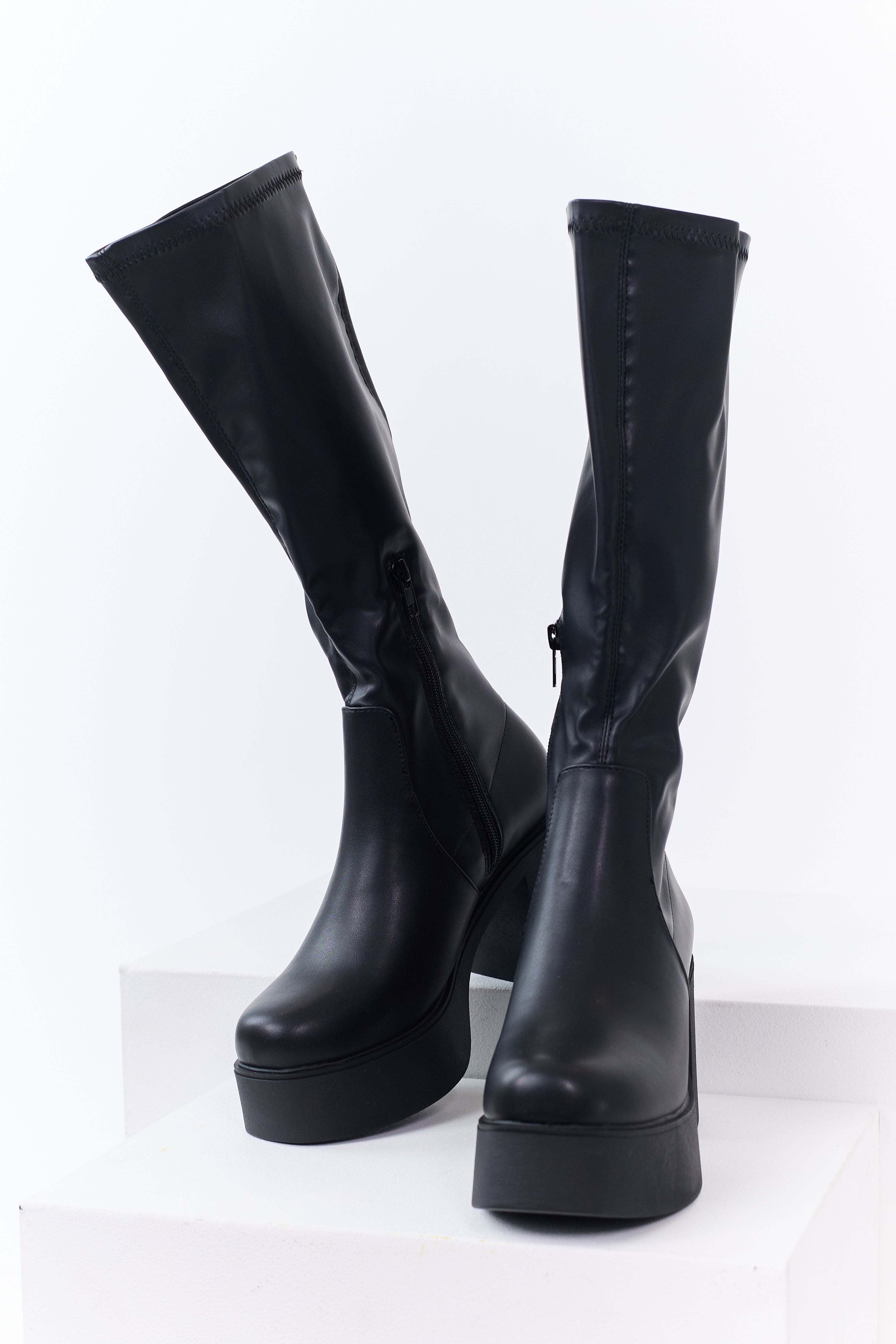 Black Block Heel Faux Leather Platform Boots