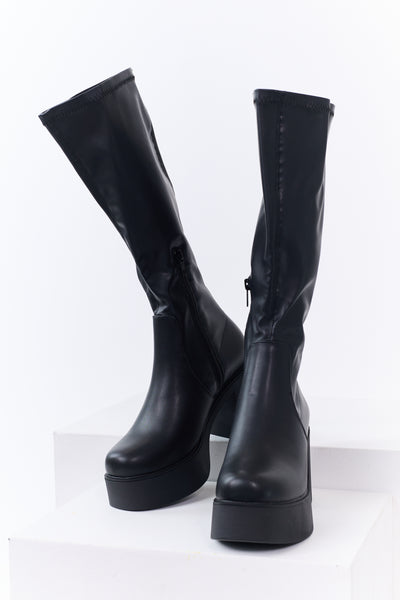 Black Block Heel Faux Leather Platform Boots