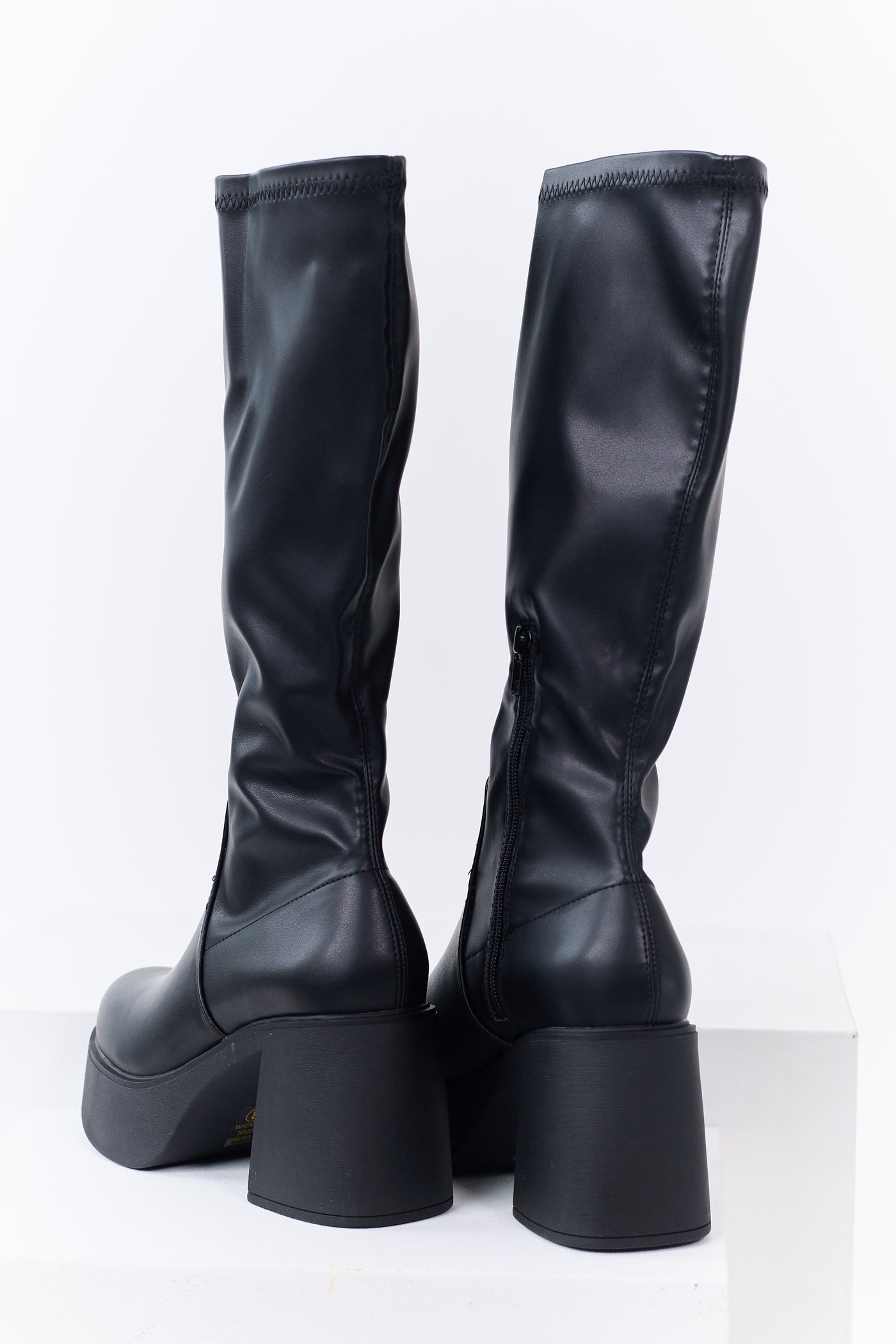 Black Block Heel Faux Leather Platform Boots