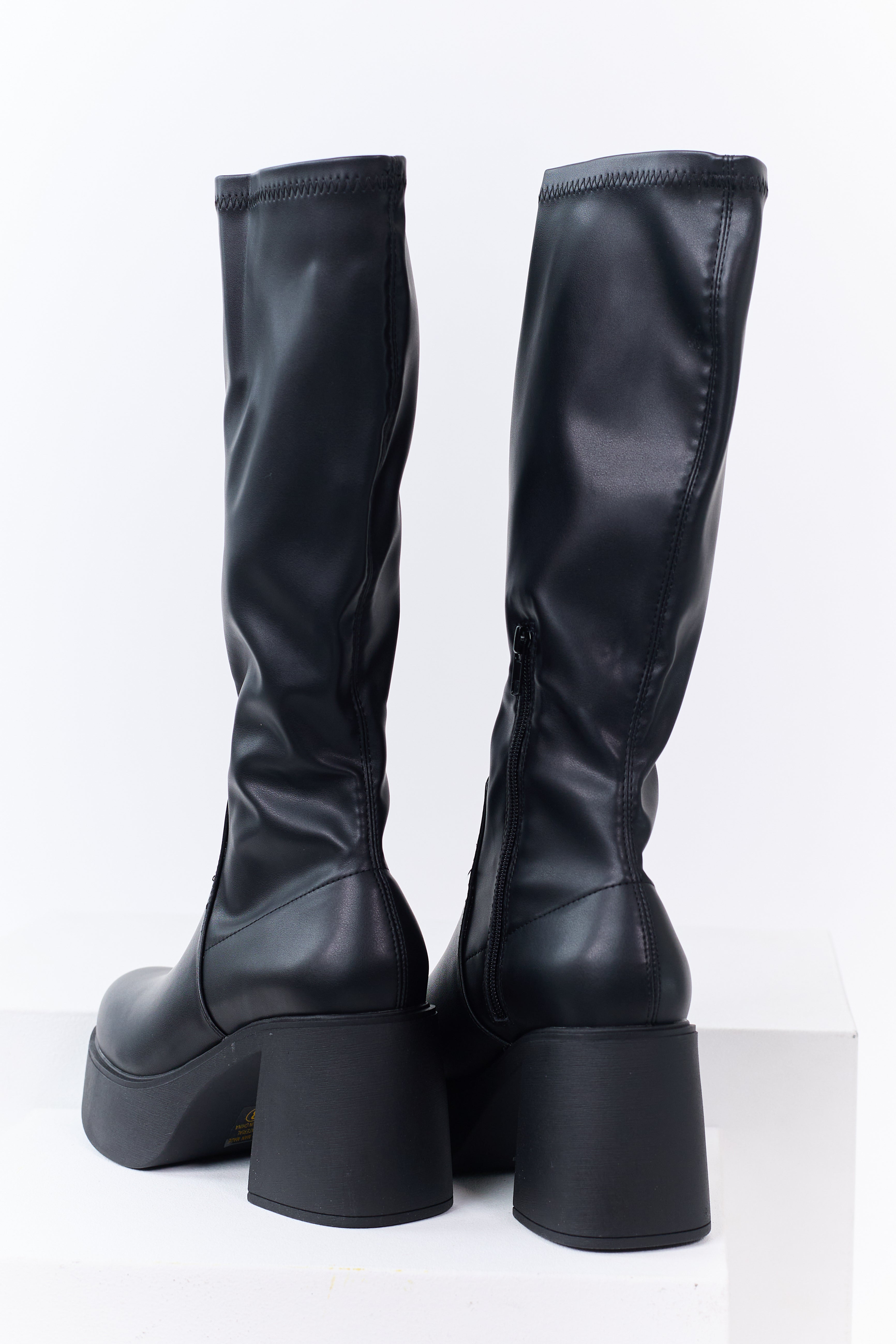 Black Block Heel Faux Leather Platform Boots
