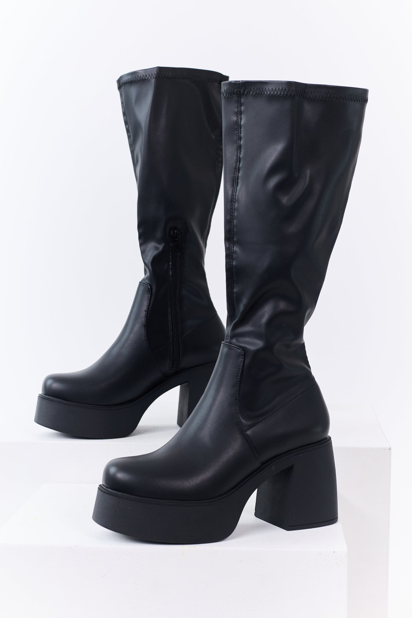 Black Block Heel Faux Leather Platform Boots