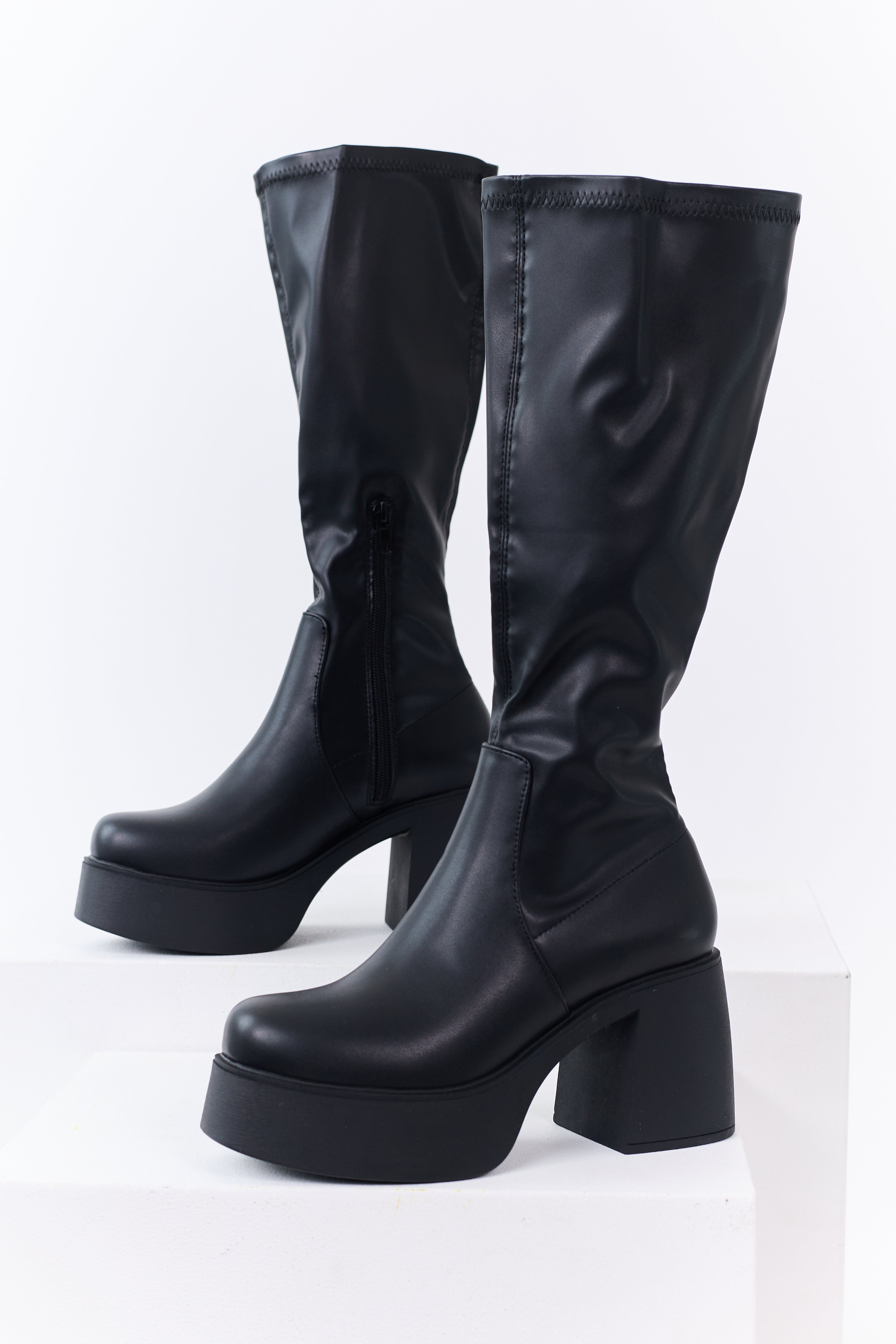 Black Block Heel Faux Leather Platform Boots