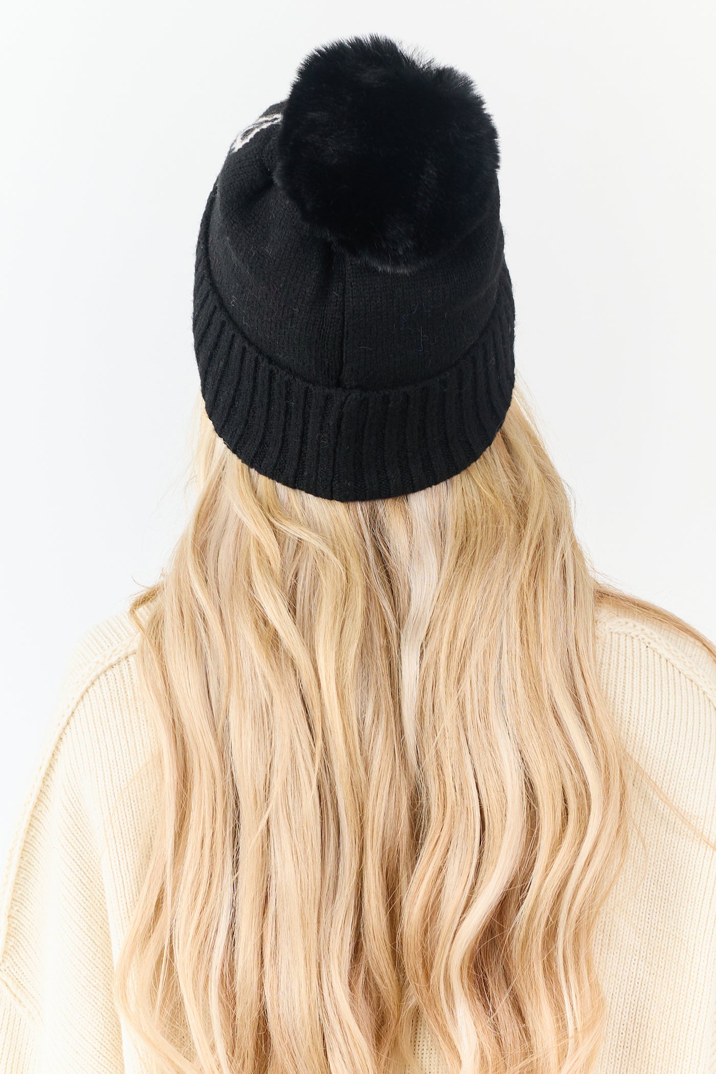 Black Bow Print Pom Pom Knit Beanie