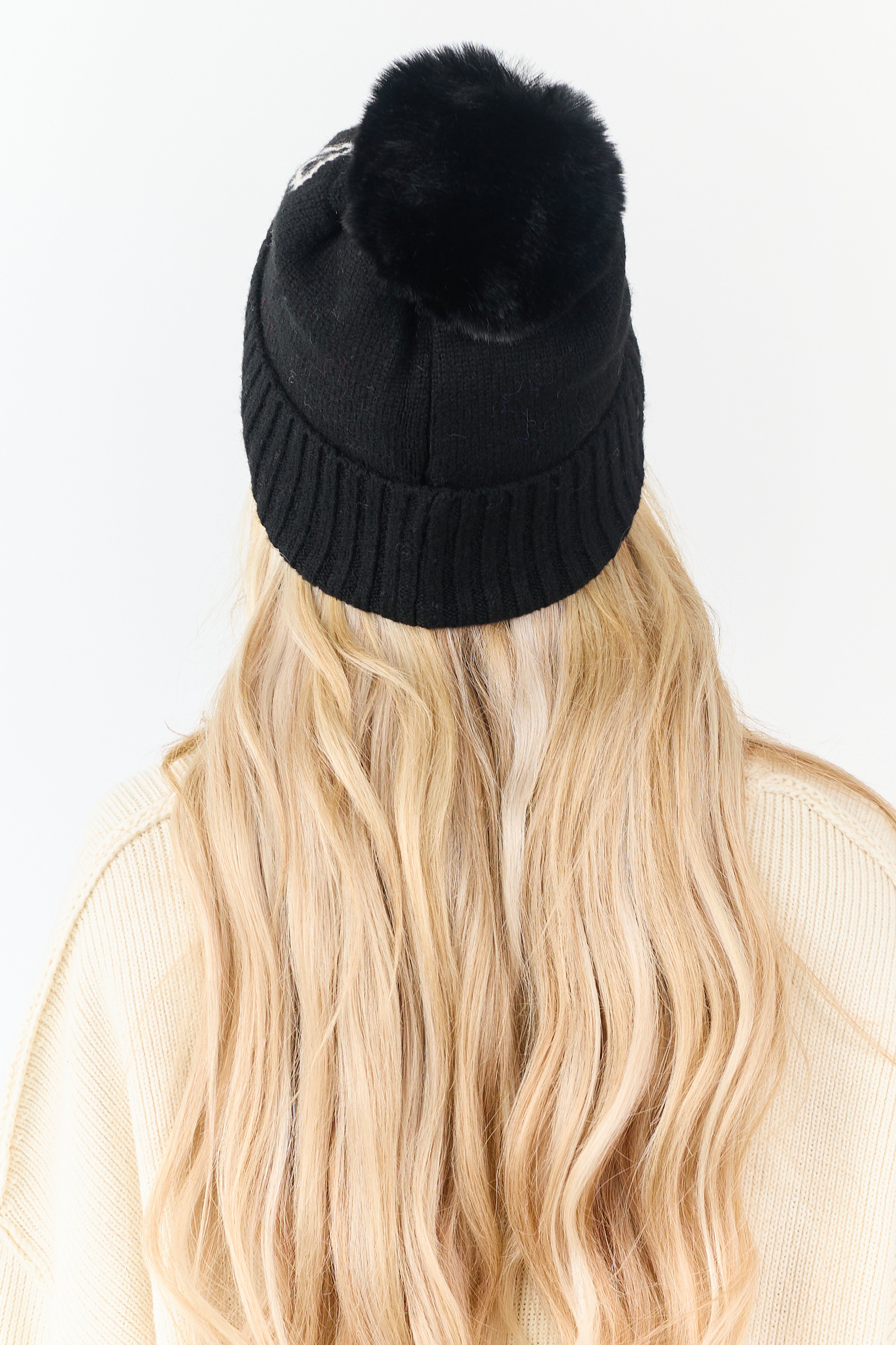 Black Bow Print Pom Pom Knit Beanie